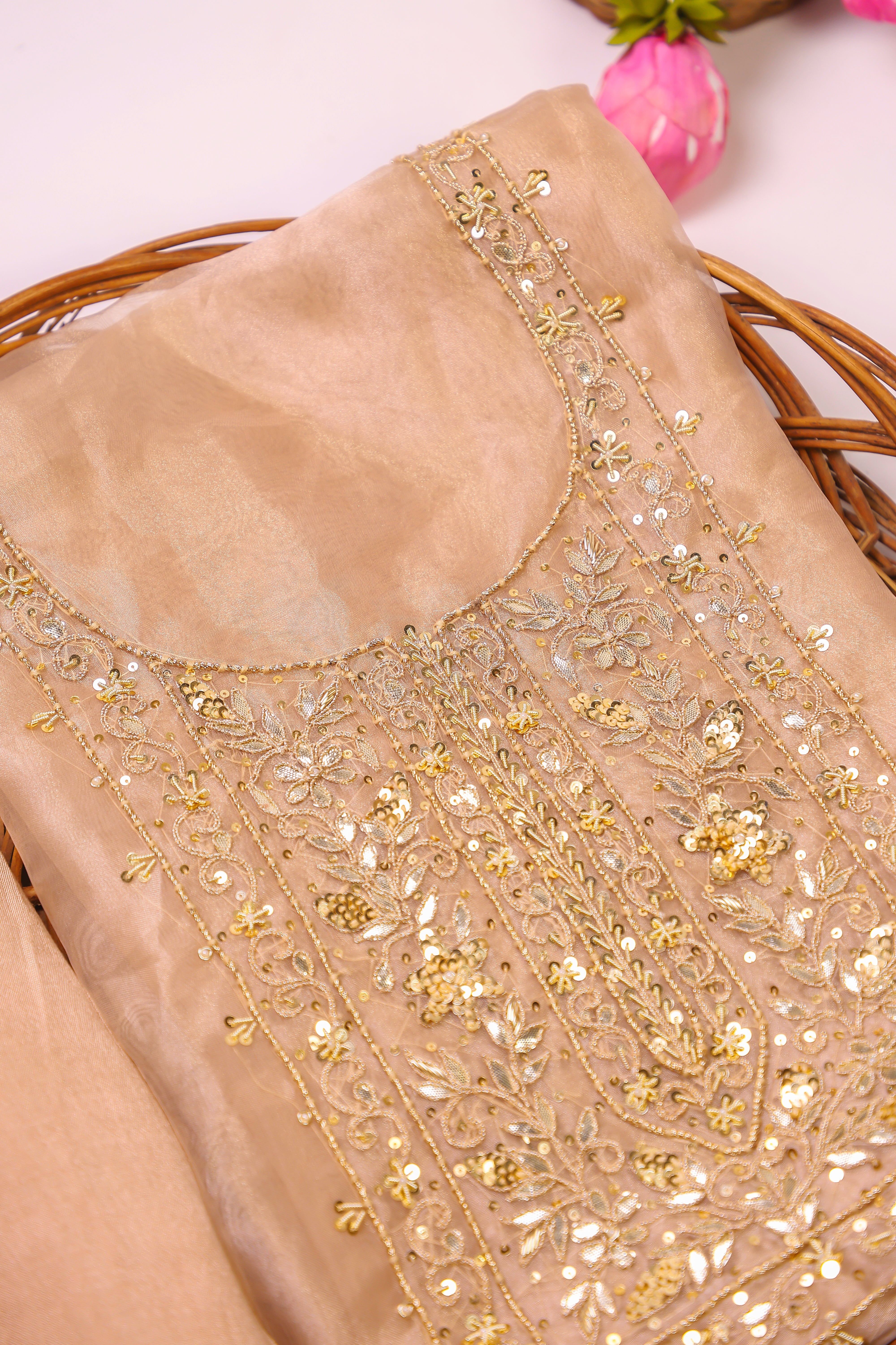 Golden Copper Brown Unstitch Suit with Handcrafted Zardozi and Heavy Gota Patti Work