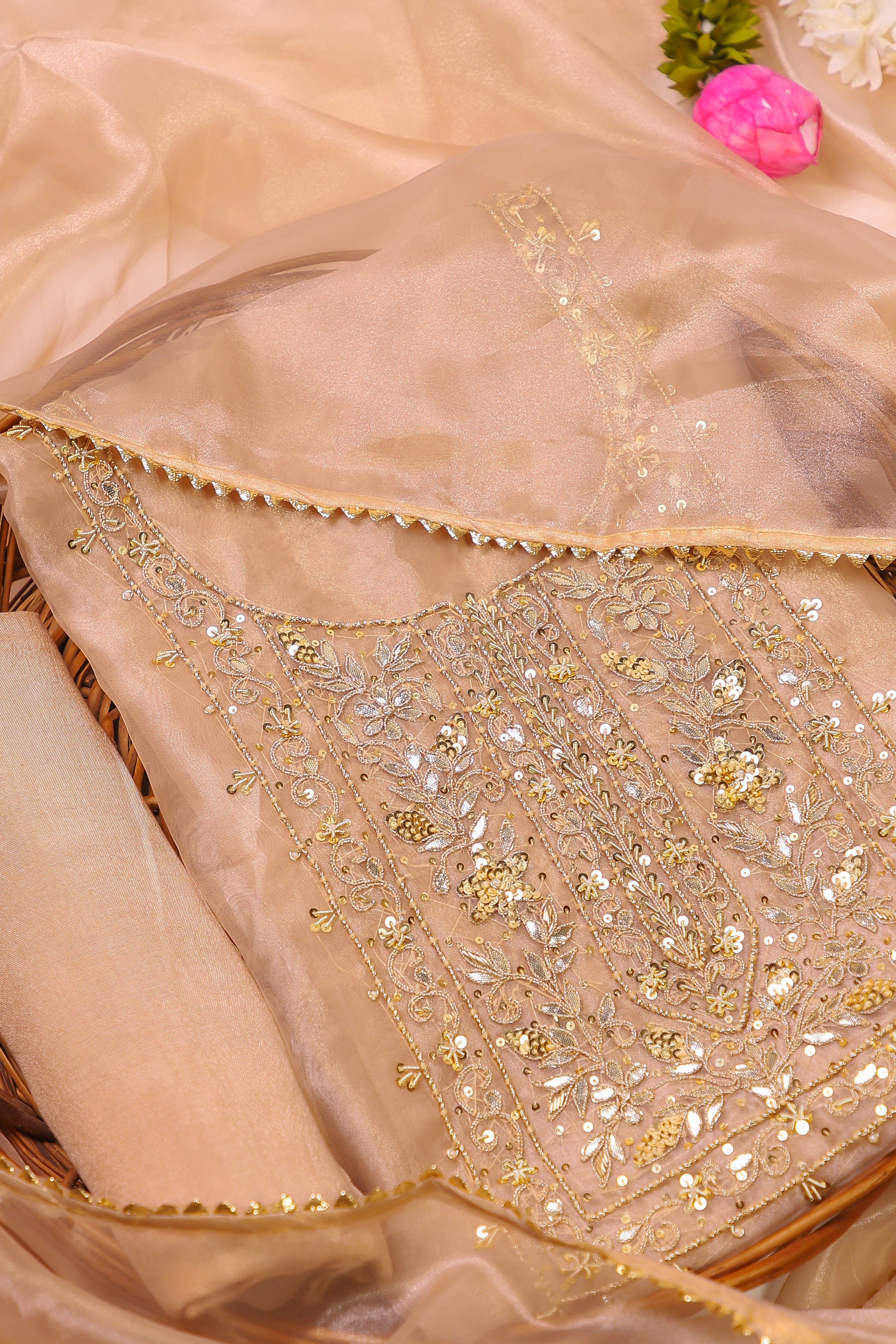 Golden Copper Brown Unstitch Suit with Handcrafted Zardozi and Heavy Gota Patti Work