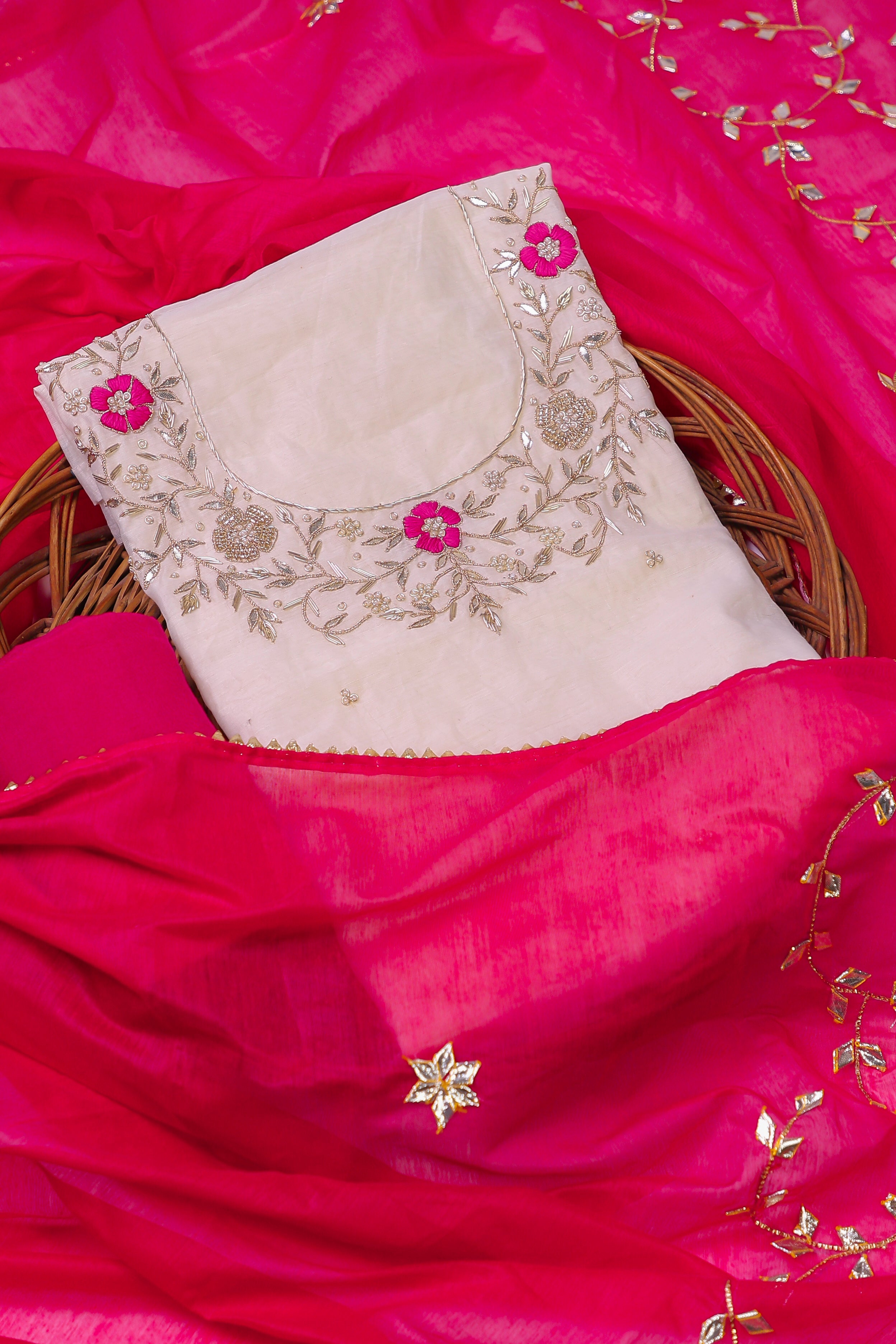 Off White and Rani Unstitch Suit with Thread and Heavy Gota Patti Work