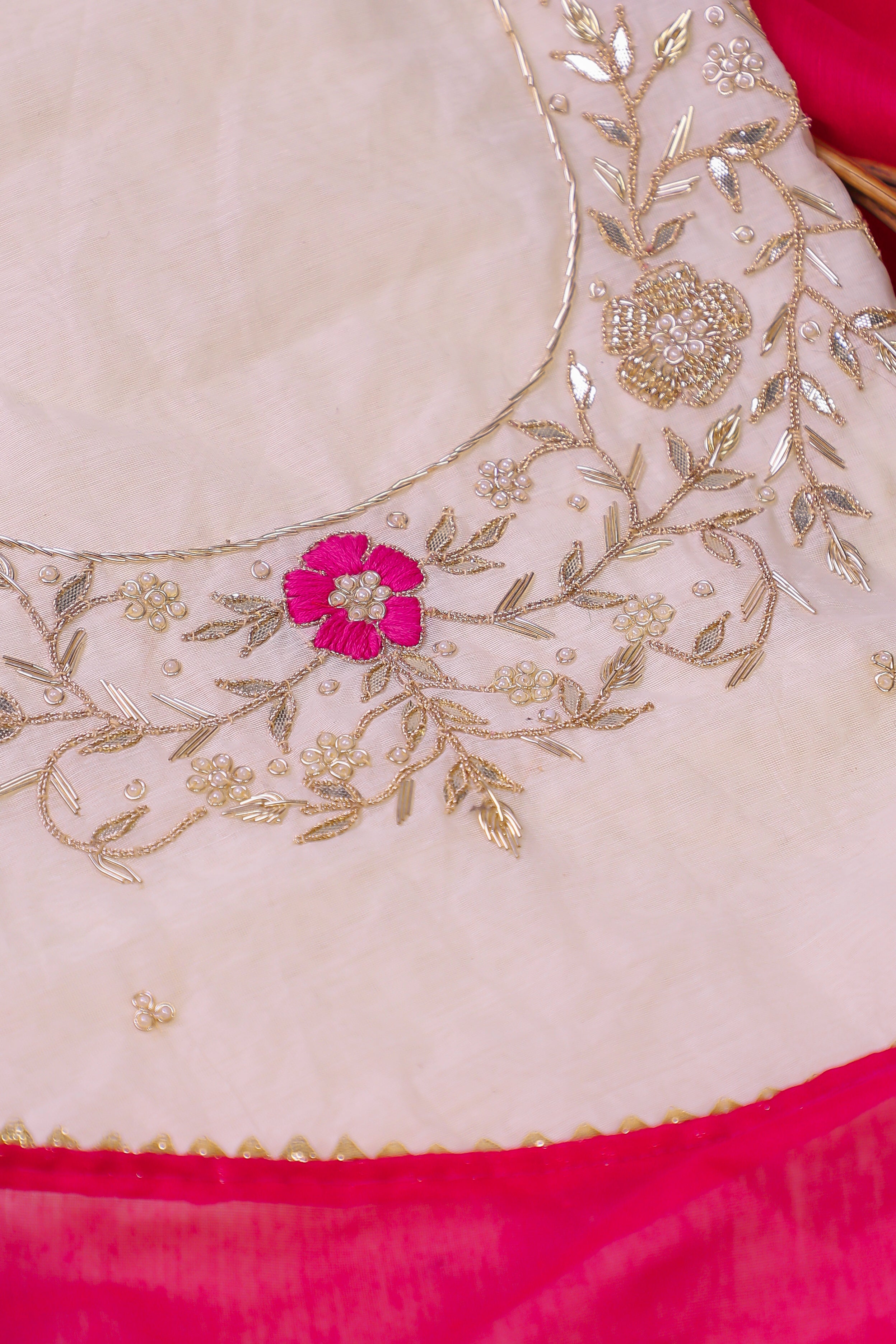 Off White and Rani Unstitch Suit with Thread and Heavy Gota Patti Work