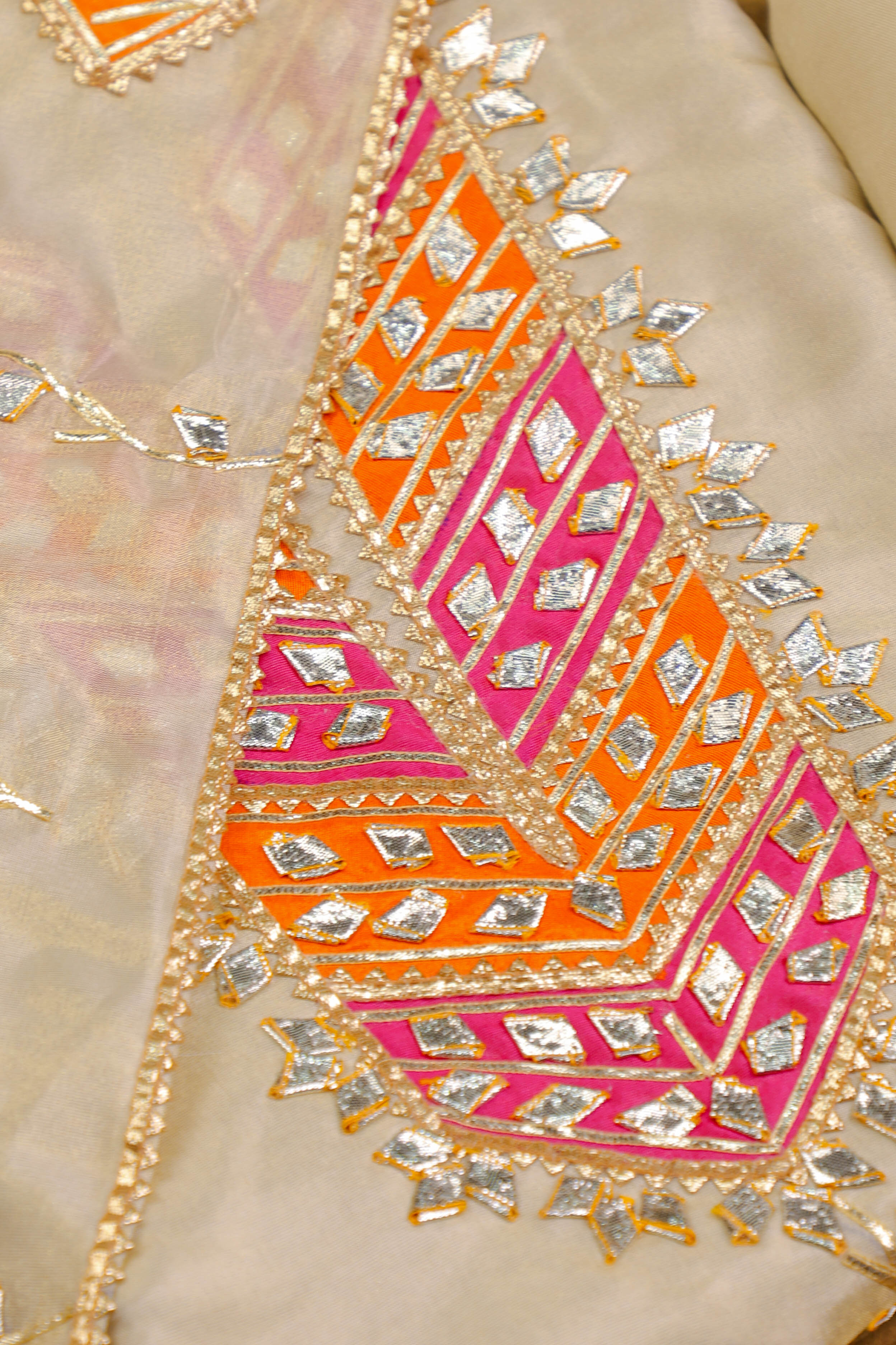 Champagne Grandeur Unstitched Shimmer Suit Set with Regal Pink-Orange Gota Embellishment