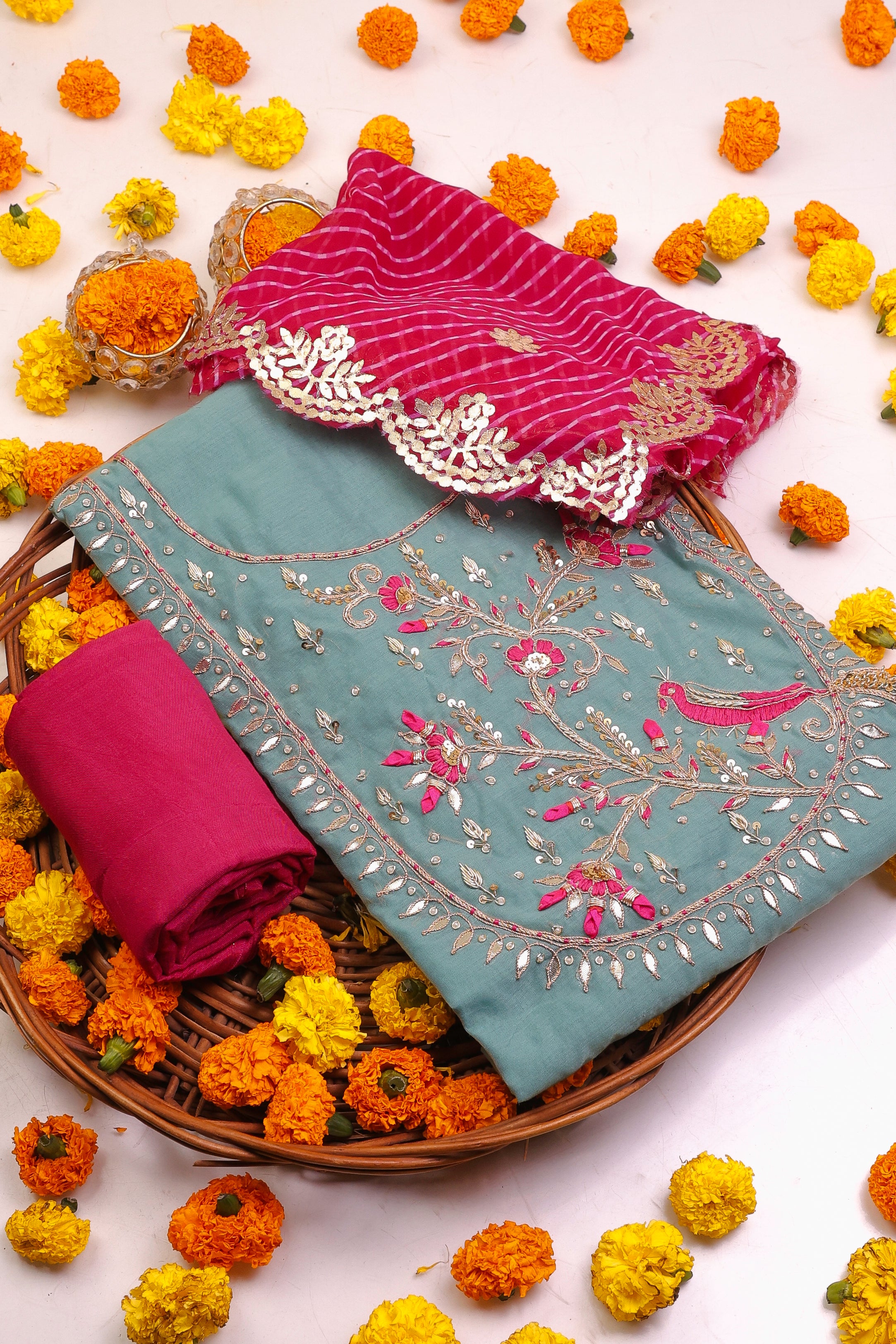 Castleton Green Unstitch Suit with Handcrafted Heavy Zardozi and Rani Thread Peacock Work