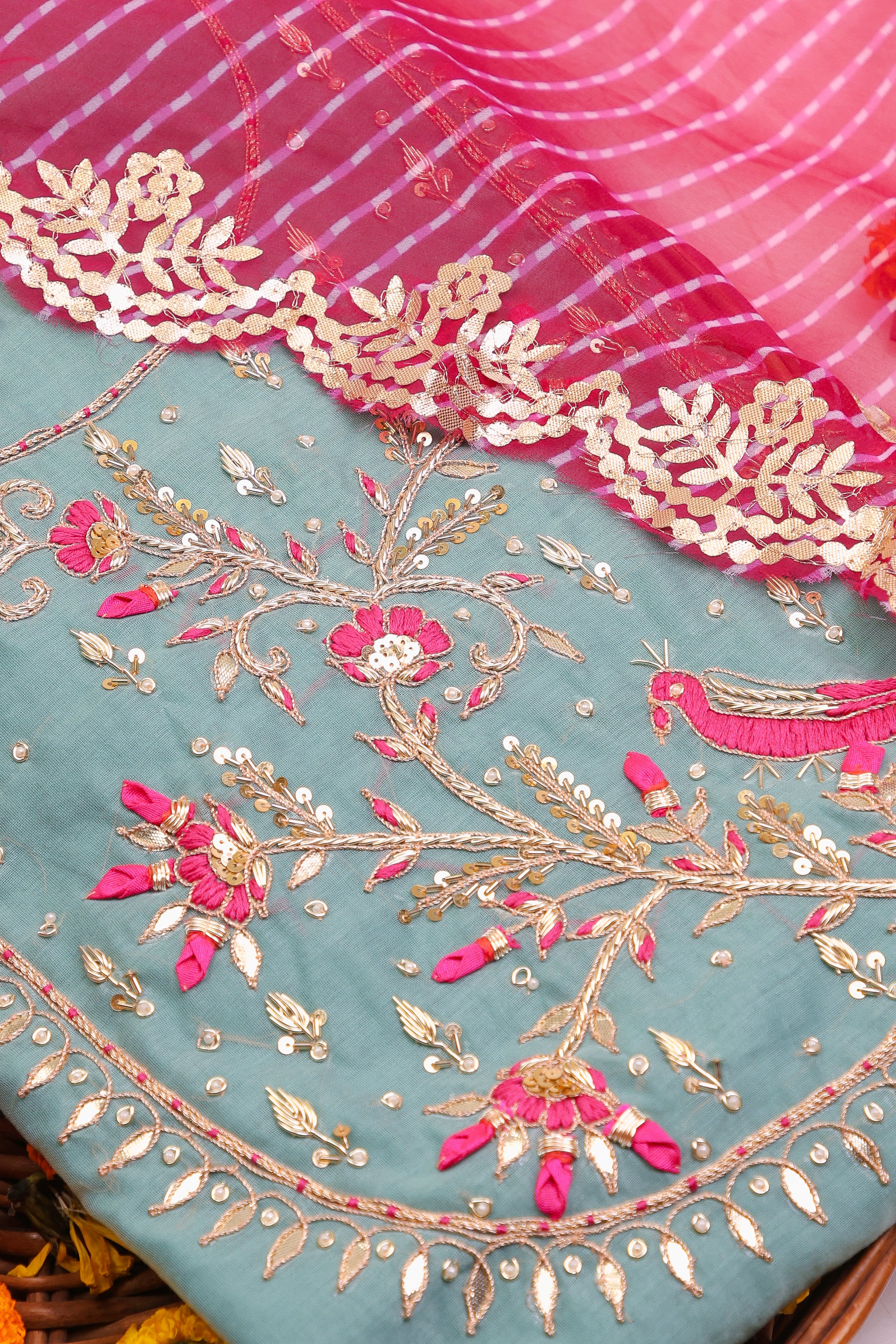 Castleton Green Unstitch Suit with Handcrafted Heavy Zardozi and Rani Thread Peacock Work