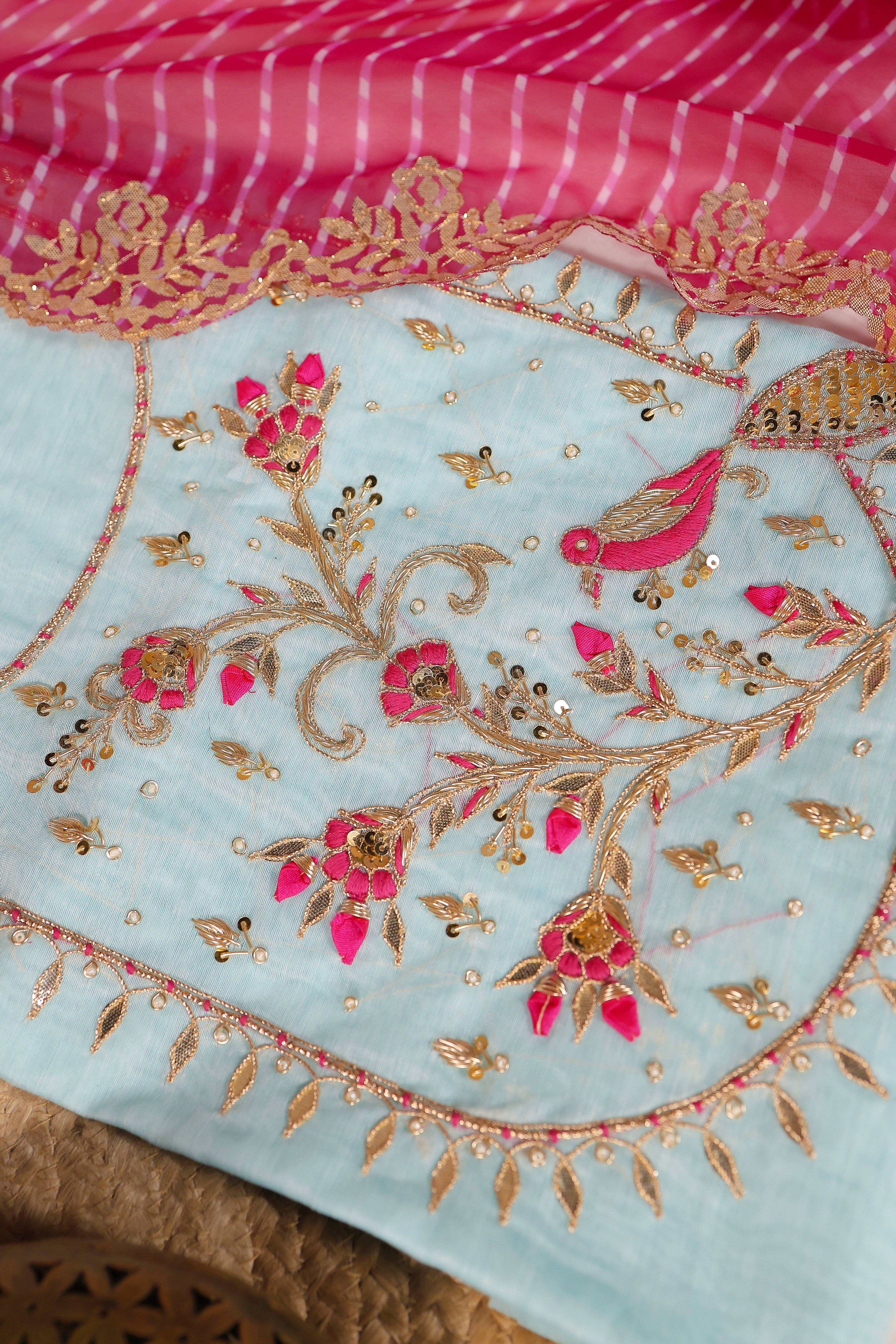 Sky Blue Unstitch Suit with Handcrafted Zardozi, Rani Thread Peacock Work and Lahariya Dupatta