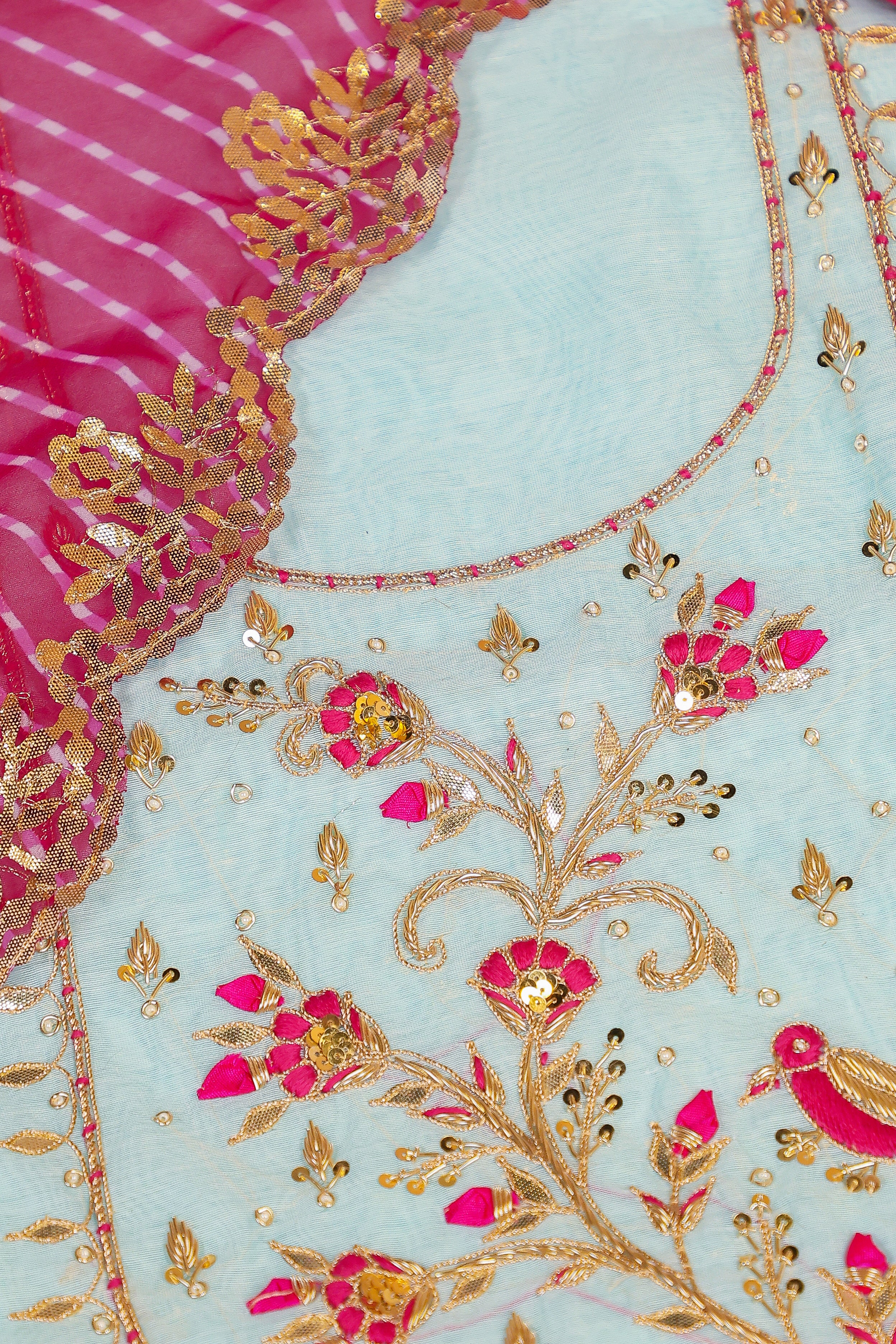 Sky Blue Unstitch Suit with Handcrafted Zardozi, Rani Thread Peacock Work and Lahariya Dupatta