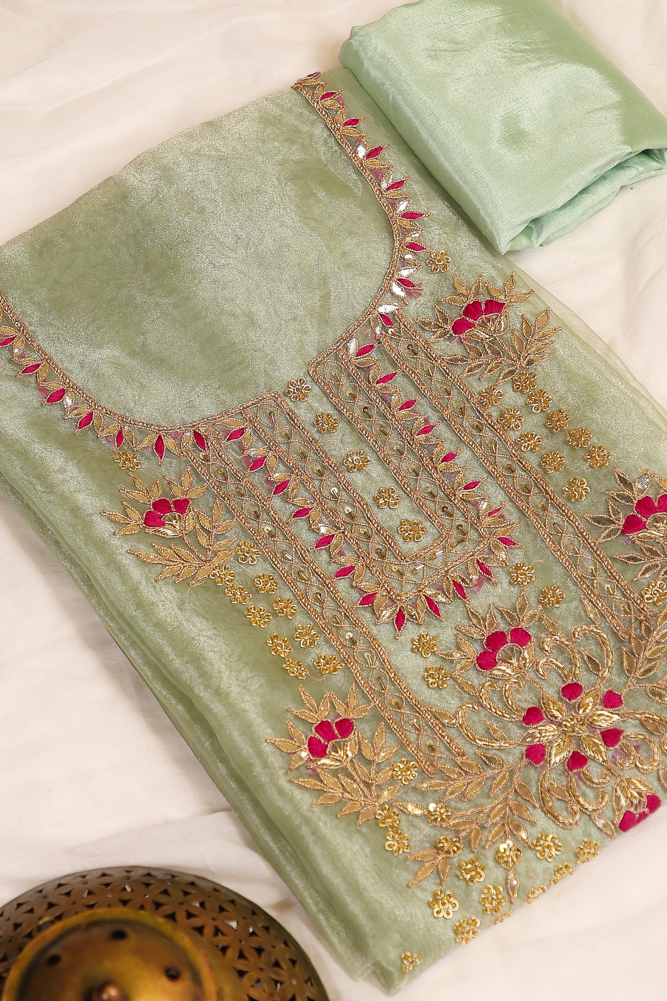 Pista Green Unstitch Suit with Heavy Gota Patti and Rani Thread Work