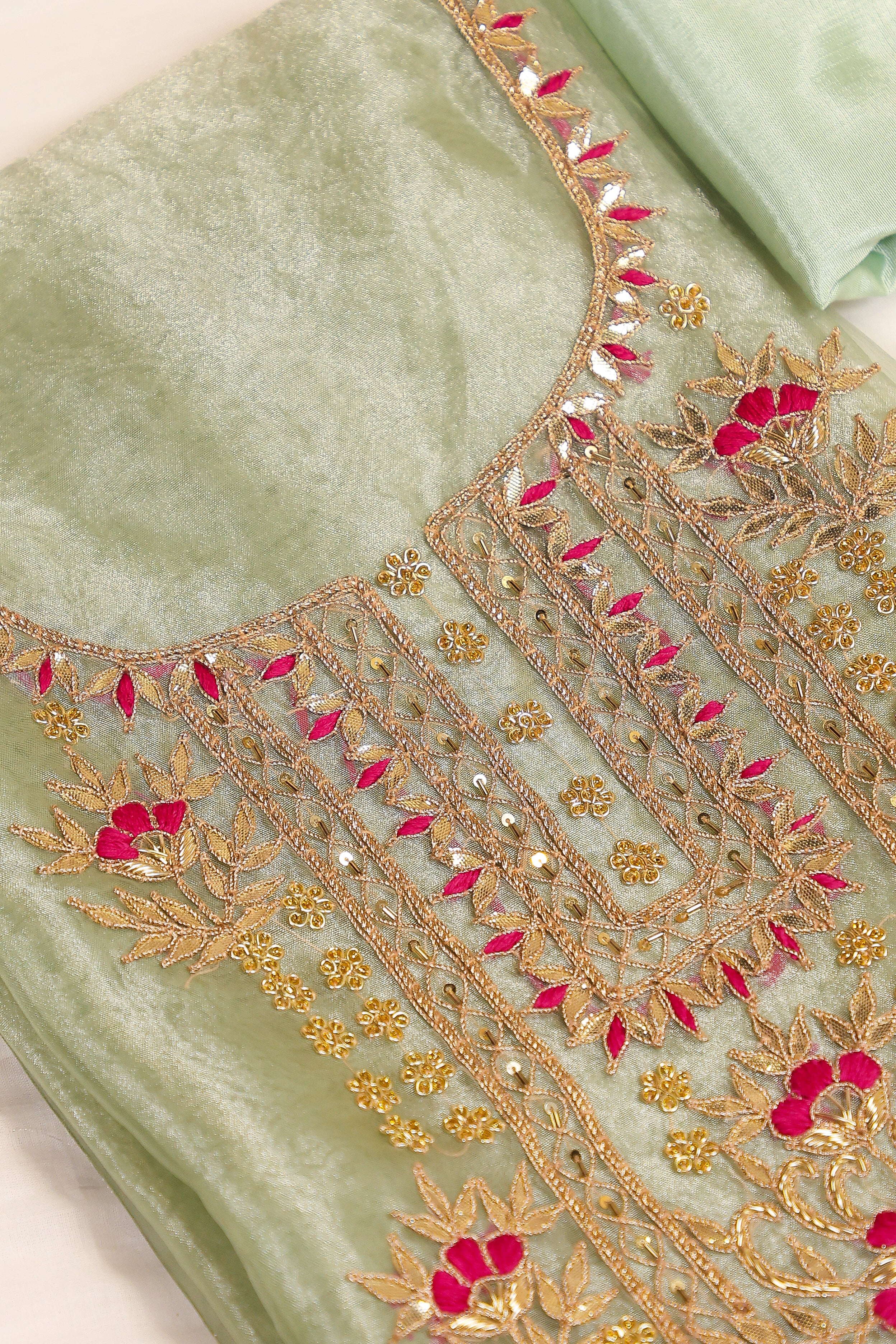 Pista Green Unstitch Suit with Heavy Gota Patti and Rani Thread Work