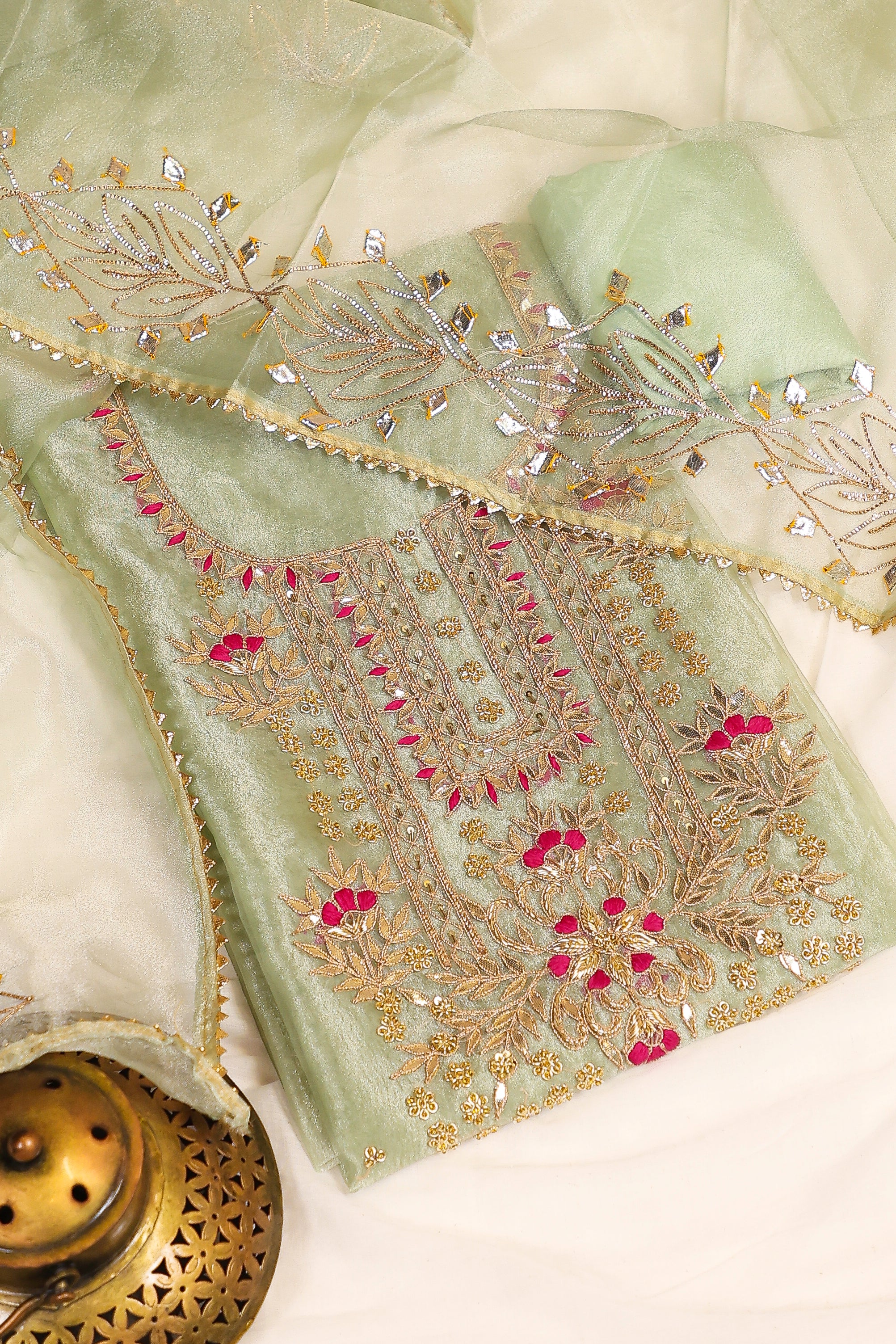 Pista Green Unstitch Suit with Heavy Gota Patti and Rani Thread Work