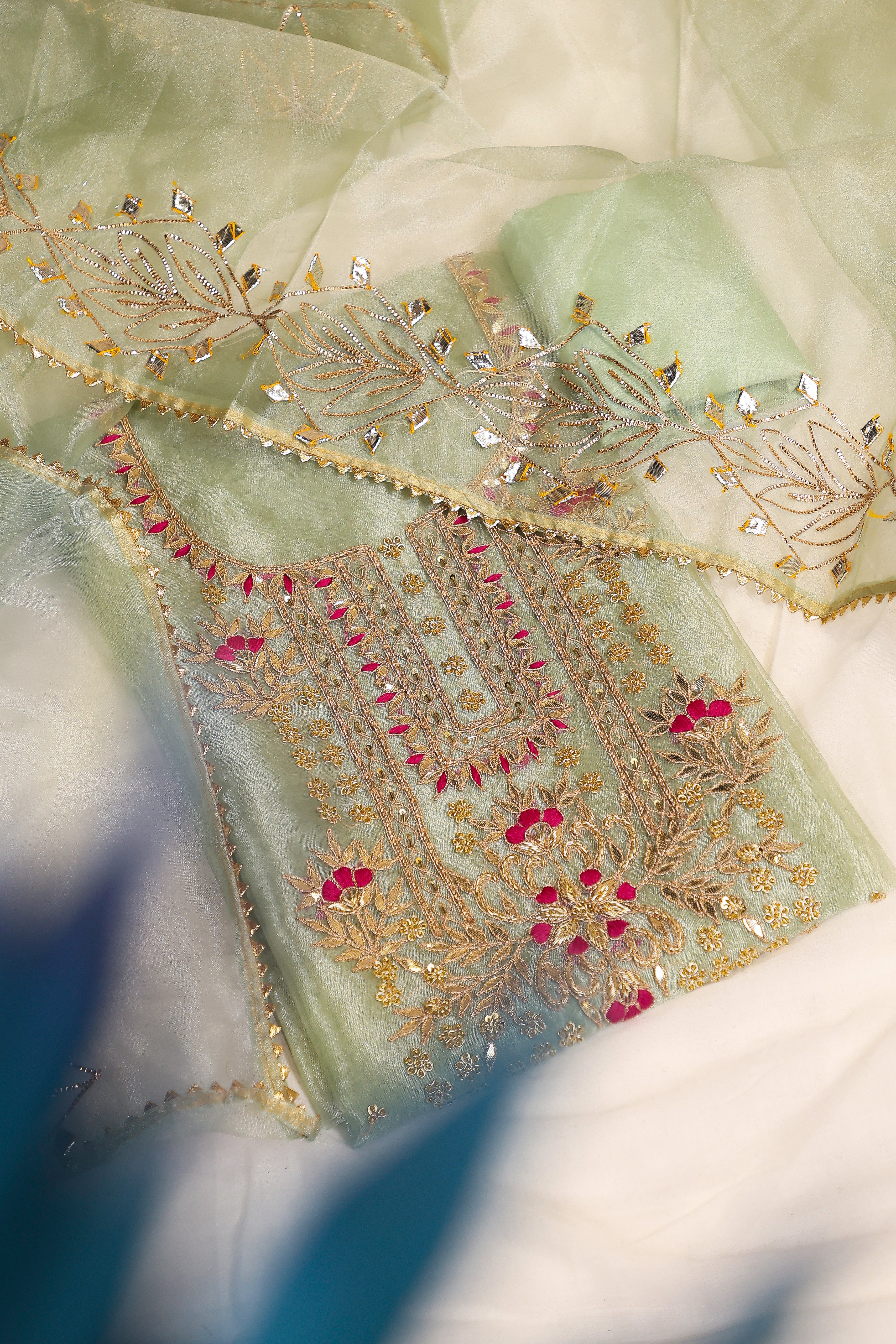 Pista Green Unstitch Suit with Heavy Gota Patti and Rani Thread Work