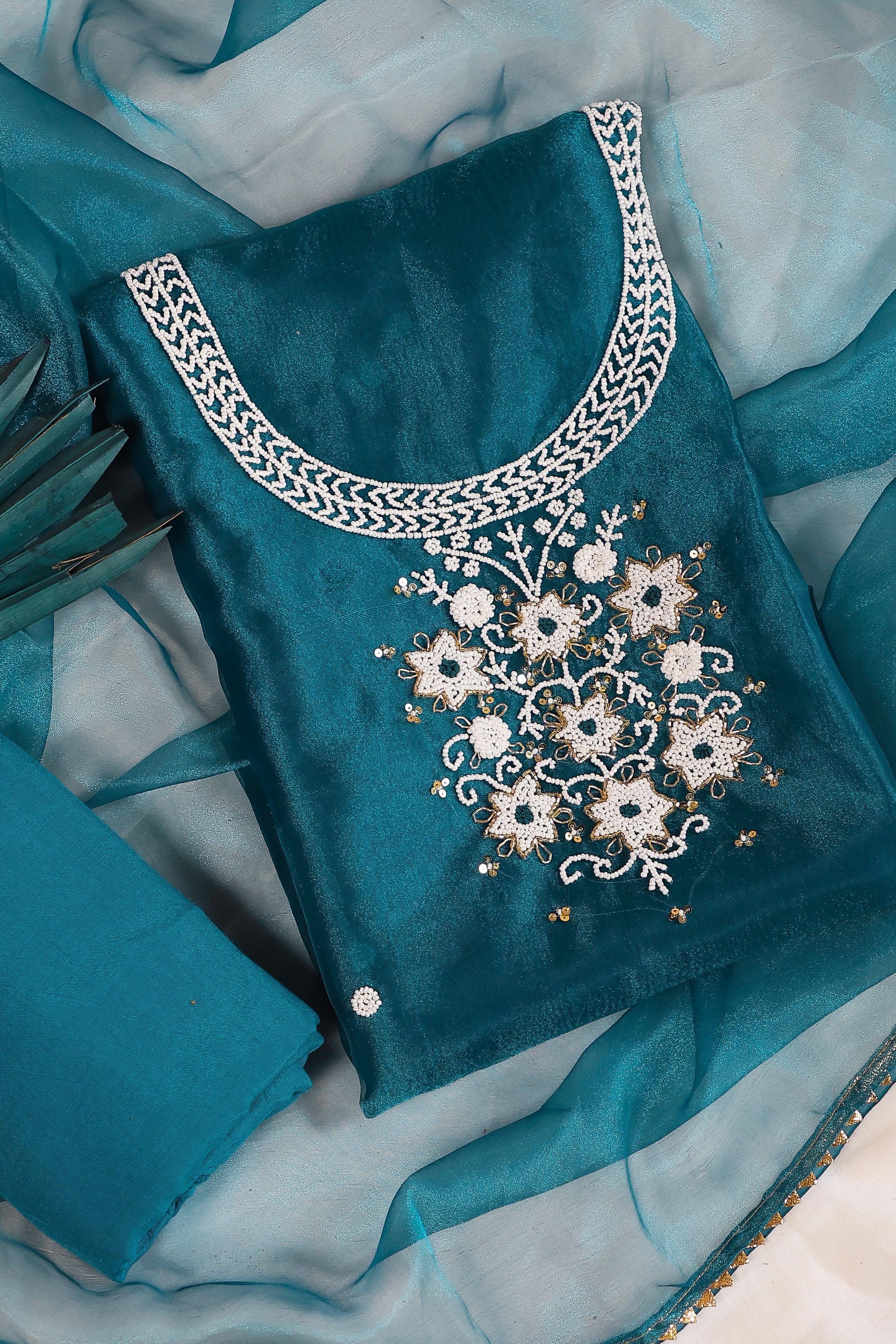 Dark Teal Blue Unstitch Suit with Heavy Pearl Handwork