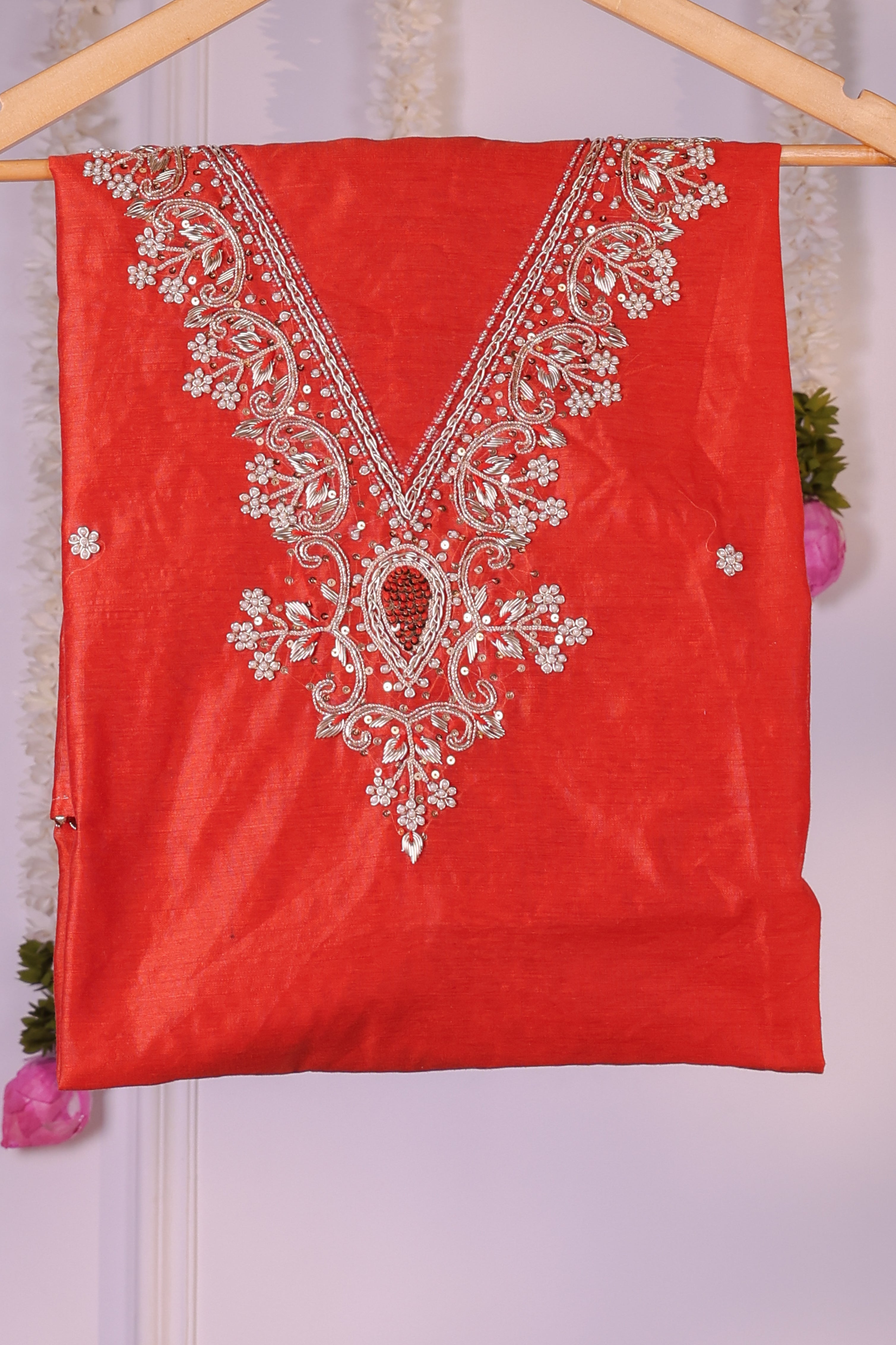 Heritage Saffron Red Semi-Stitched Lehenga Set