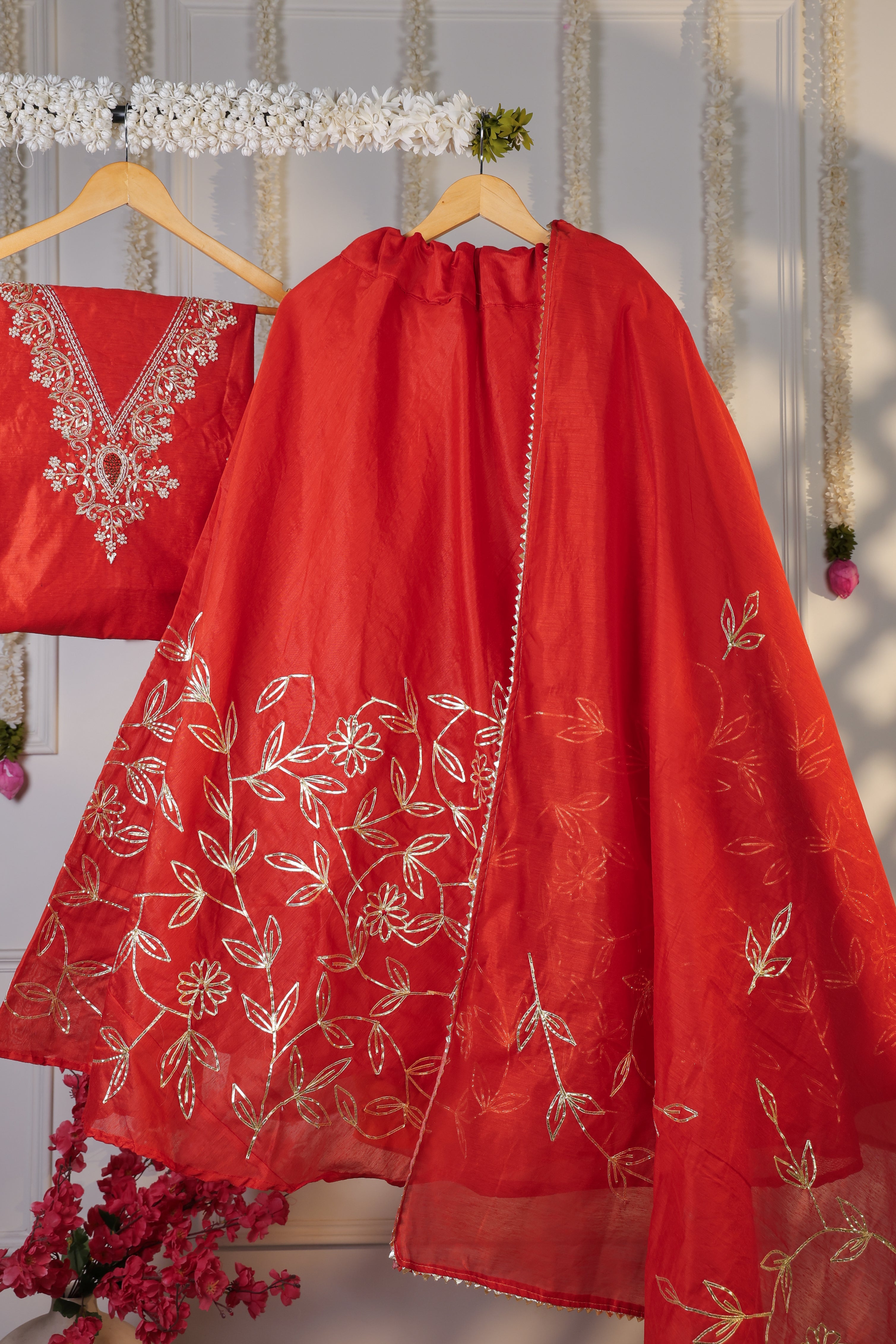 Heritage Saffron Red Semi-Stitched Lehenga Set