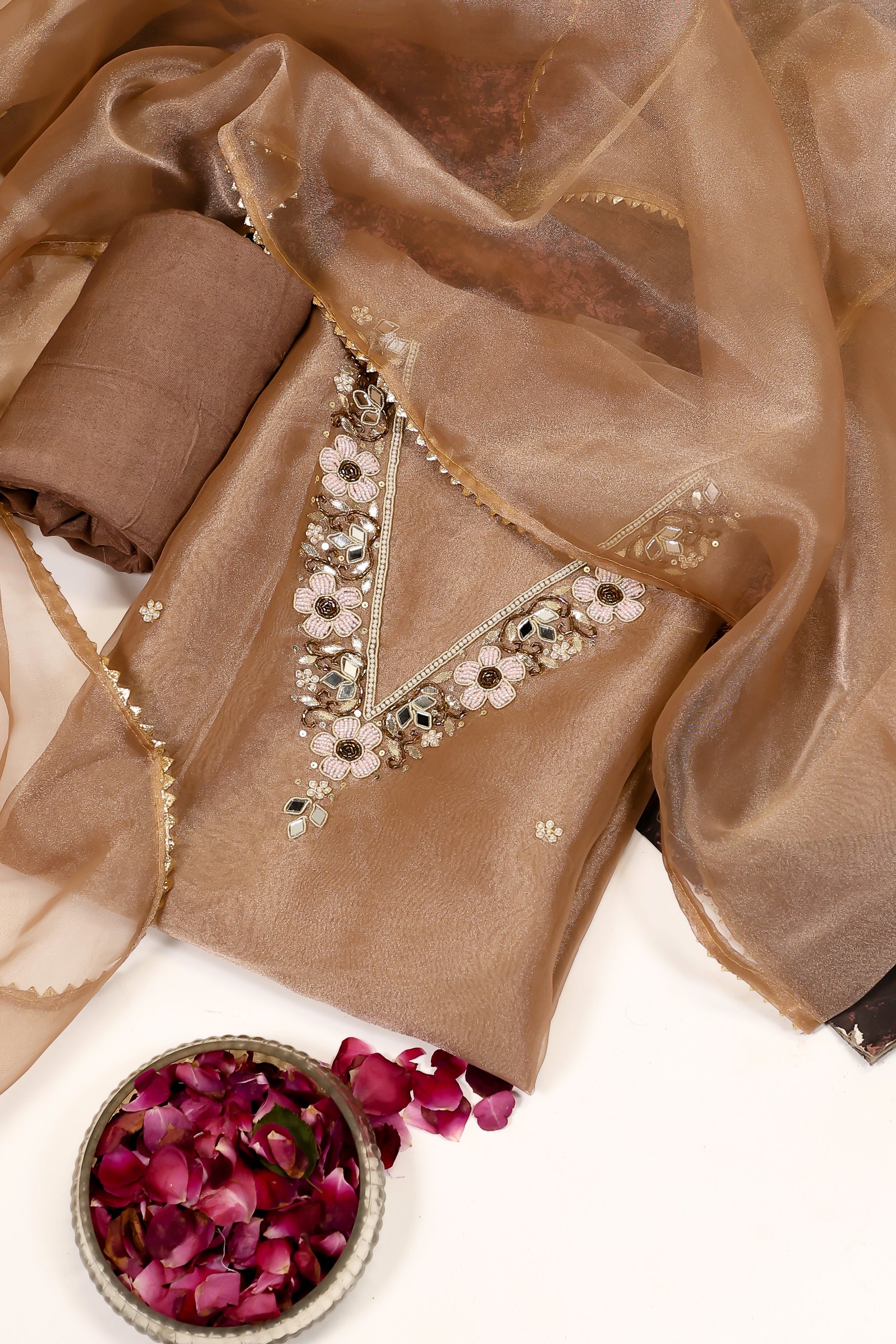 Chikoo Brown Unstitch Suit with V-Neck Heavy Pearl and Mirror Work