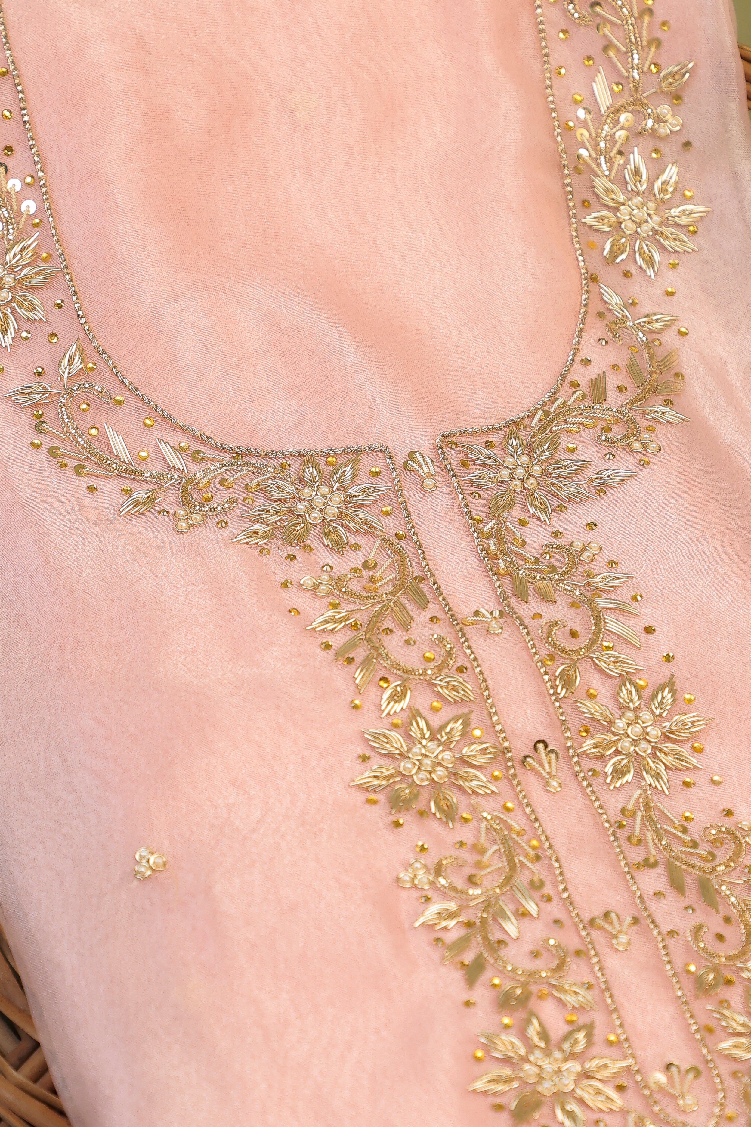 Onion Pink Unstitch Suit with Handcrafted Zardozi, Pearl, and Gota Patti Work