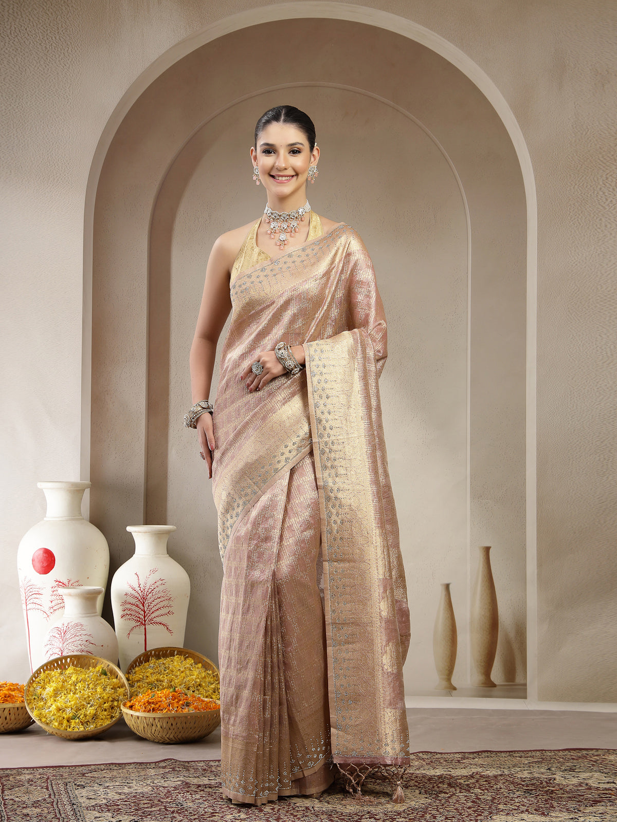 Champagne Gold Organza Silk Saree