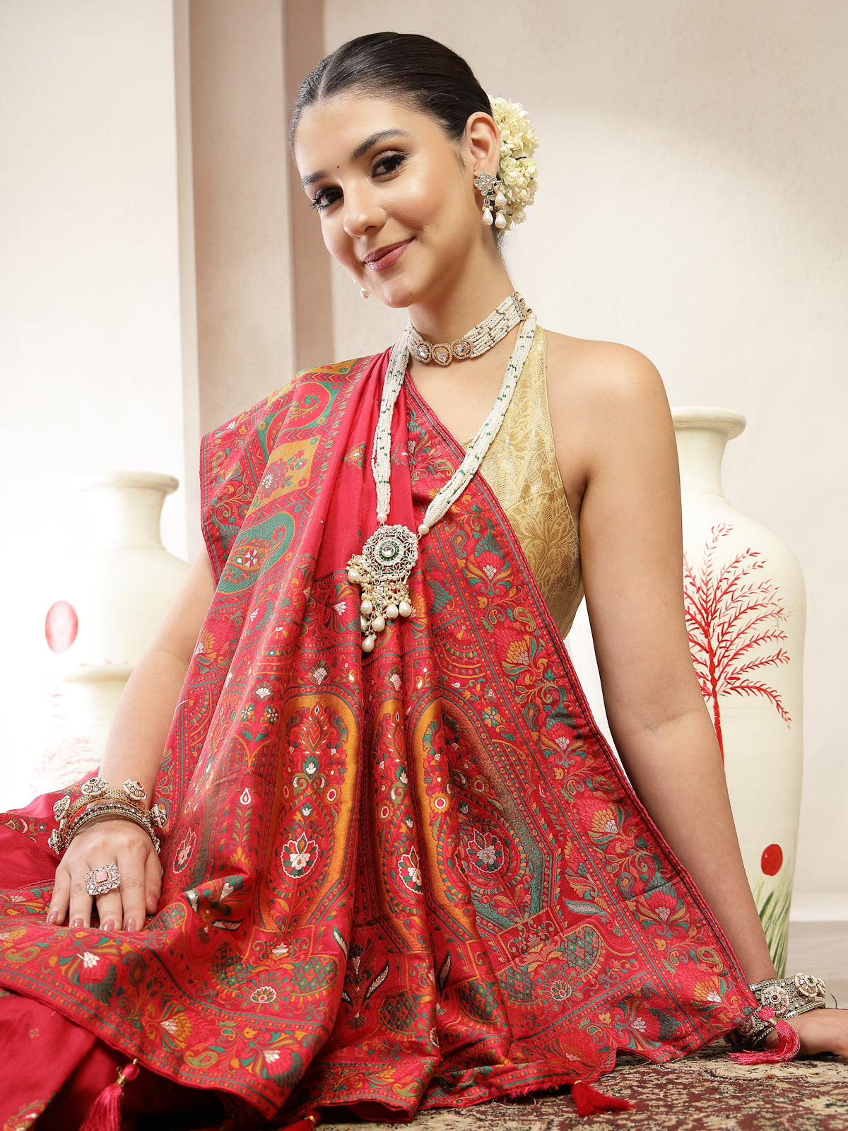 Crimson Red Organza Silk Saree