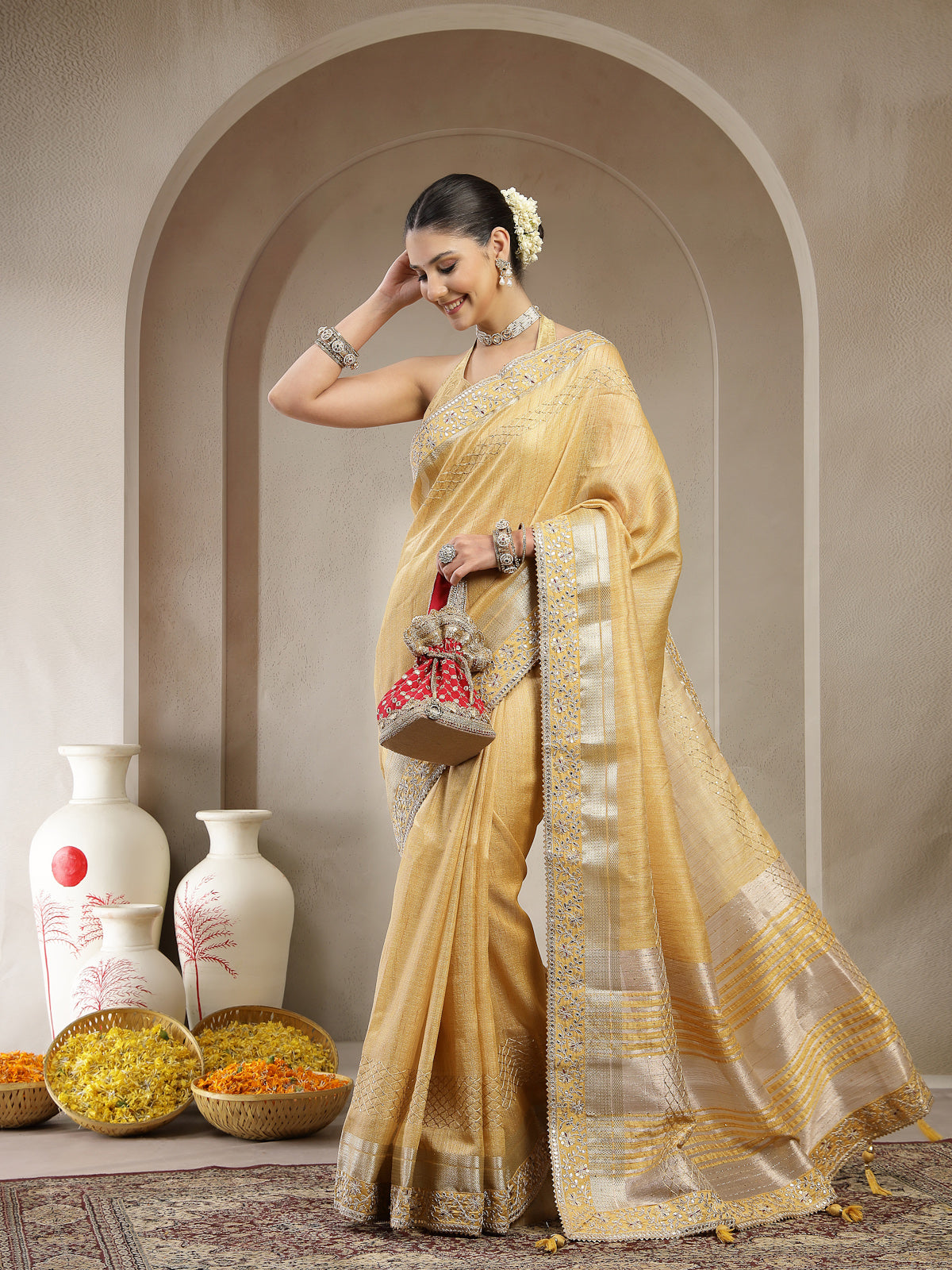 Golden Yellow Organza Silk Saree