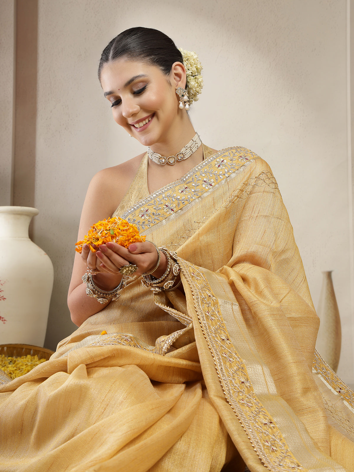 Golden Yellow Organza Silk Saree