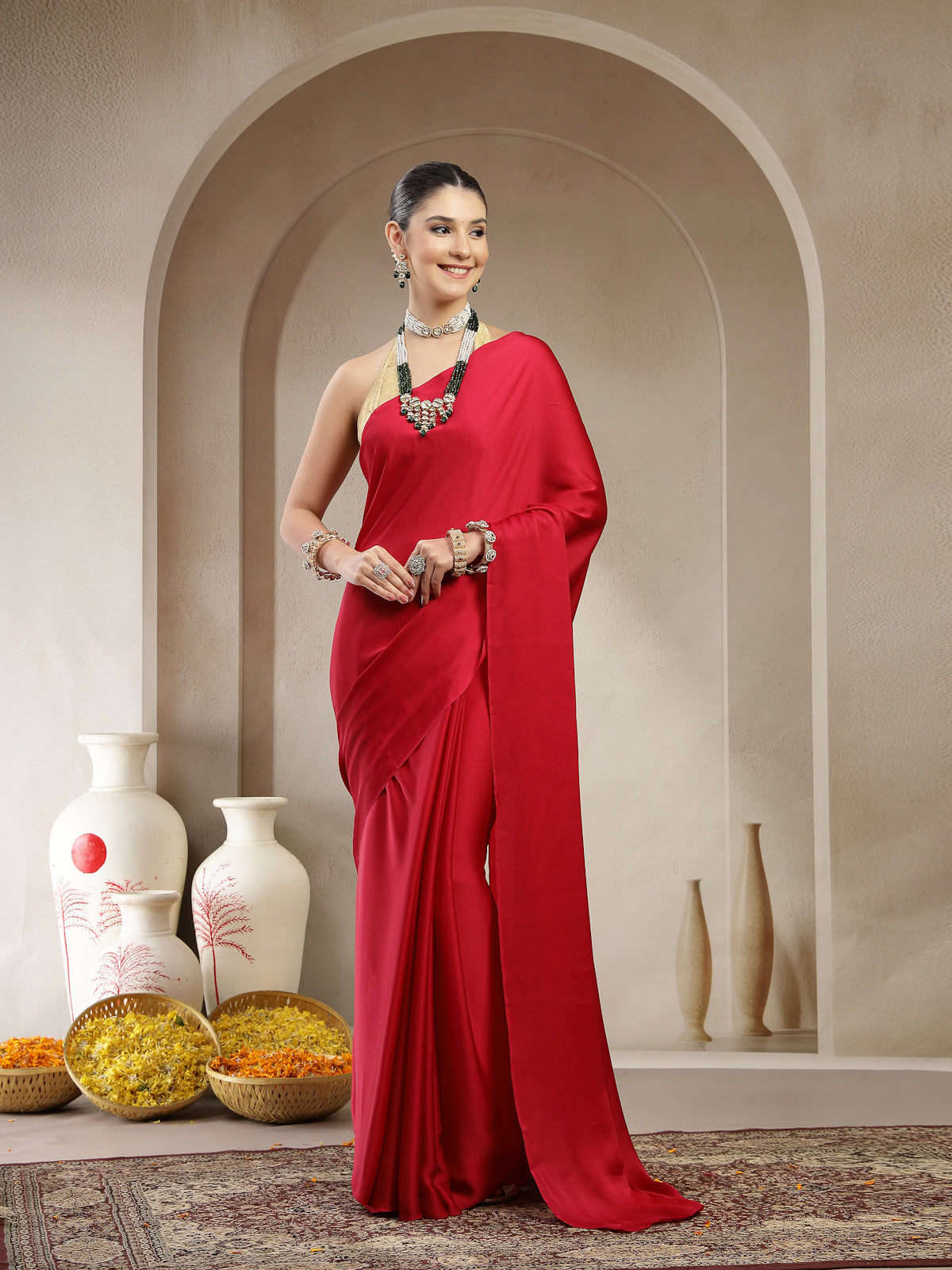 Crimson Red Satin Silk Saree