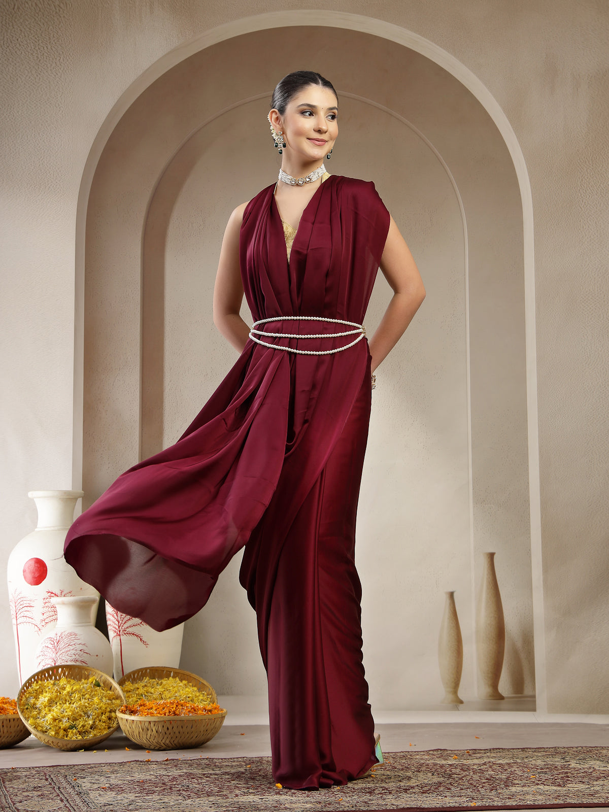 Deep Wine Satin Silk Saree