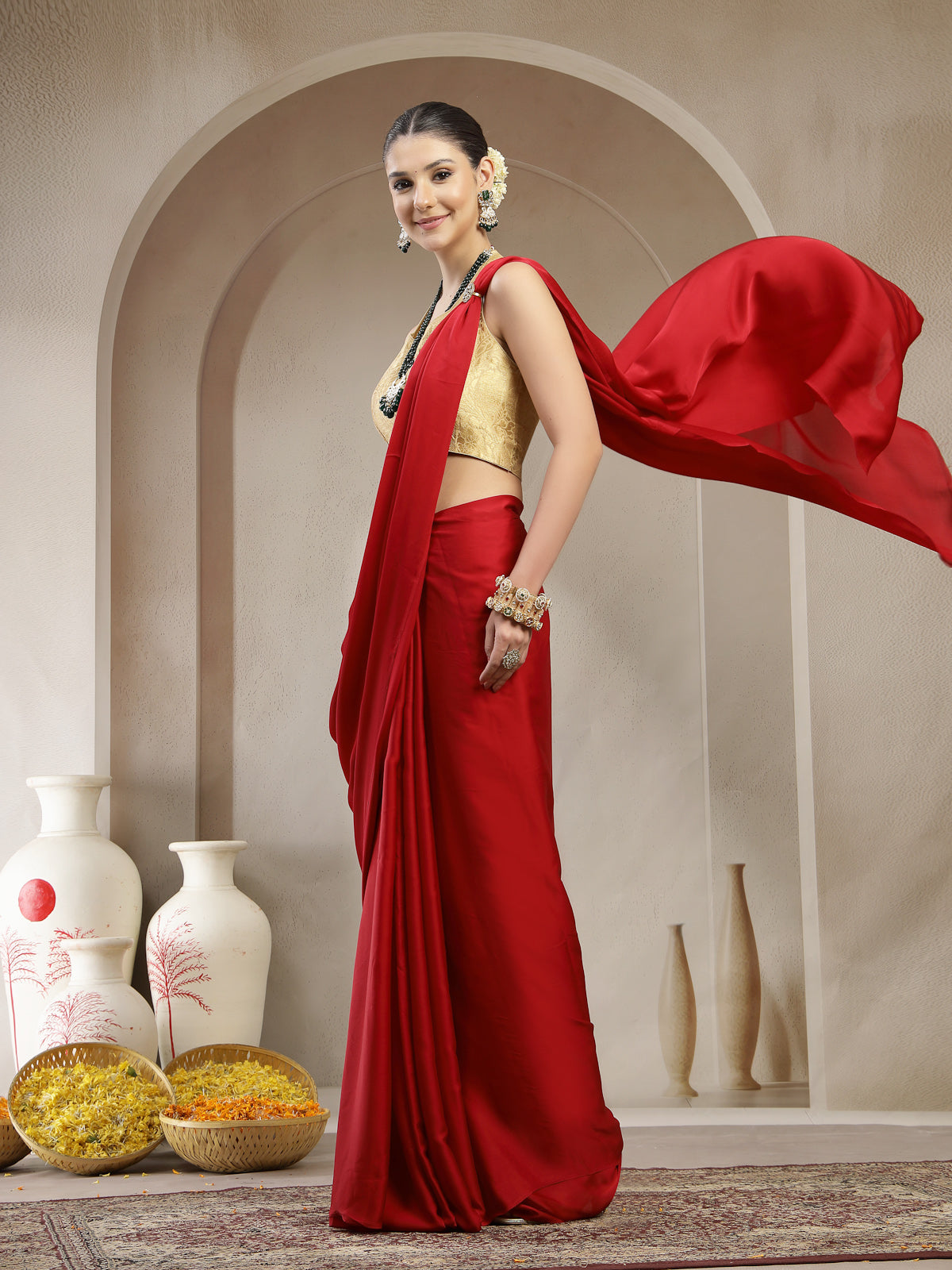 Vibrant Red Satin Silk Saree