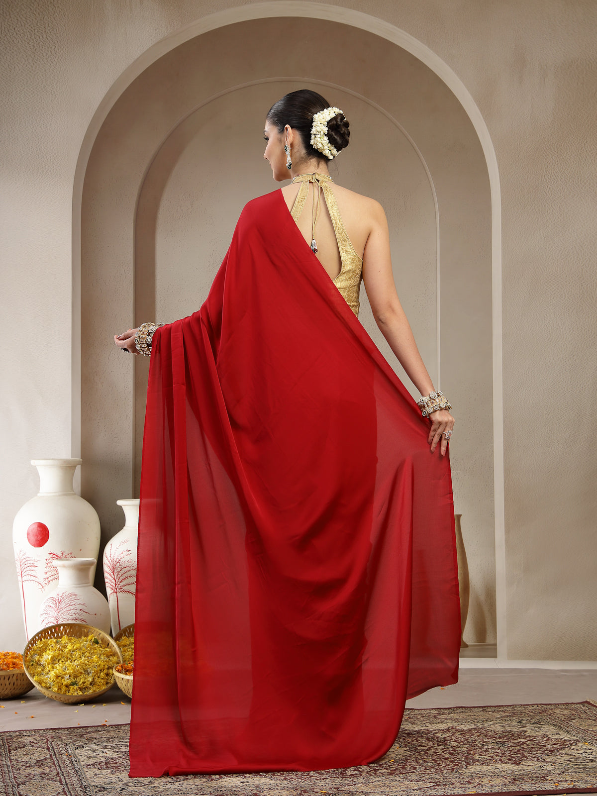 Vibrant Red Satin Silk Saree