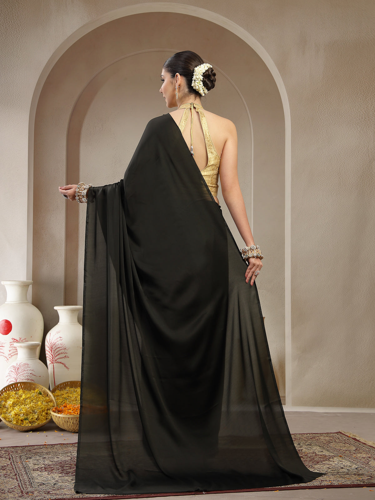 Black Satin Silk Saree