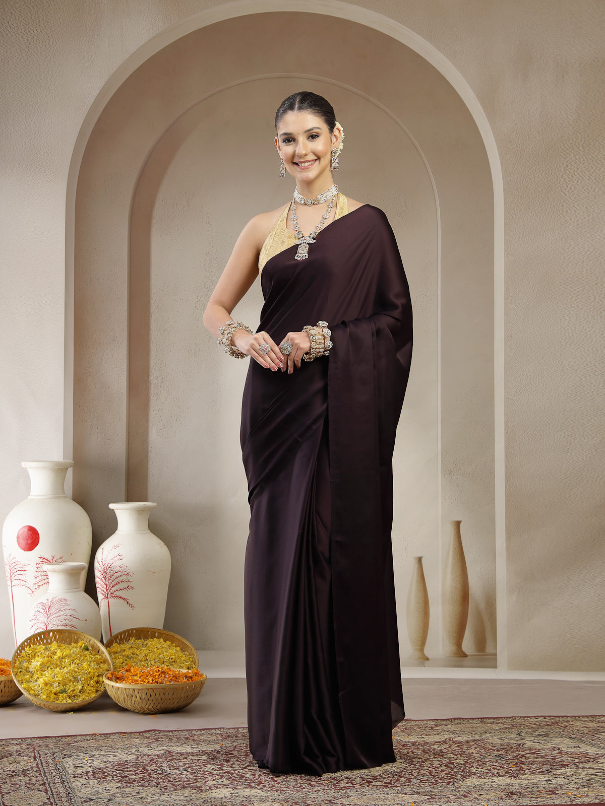 Burgundy Satin Silk Saree