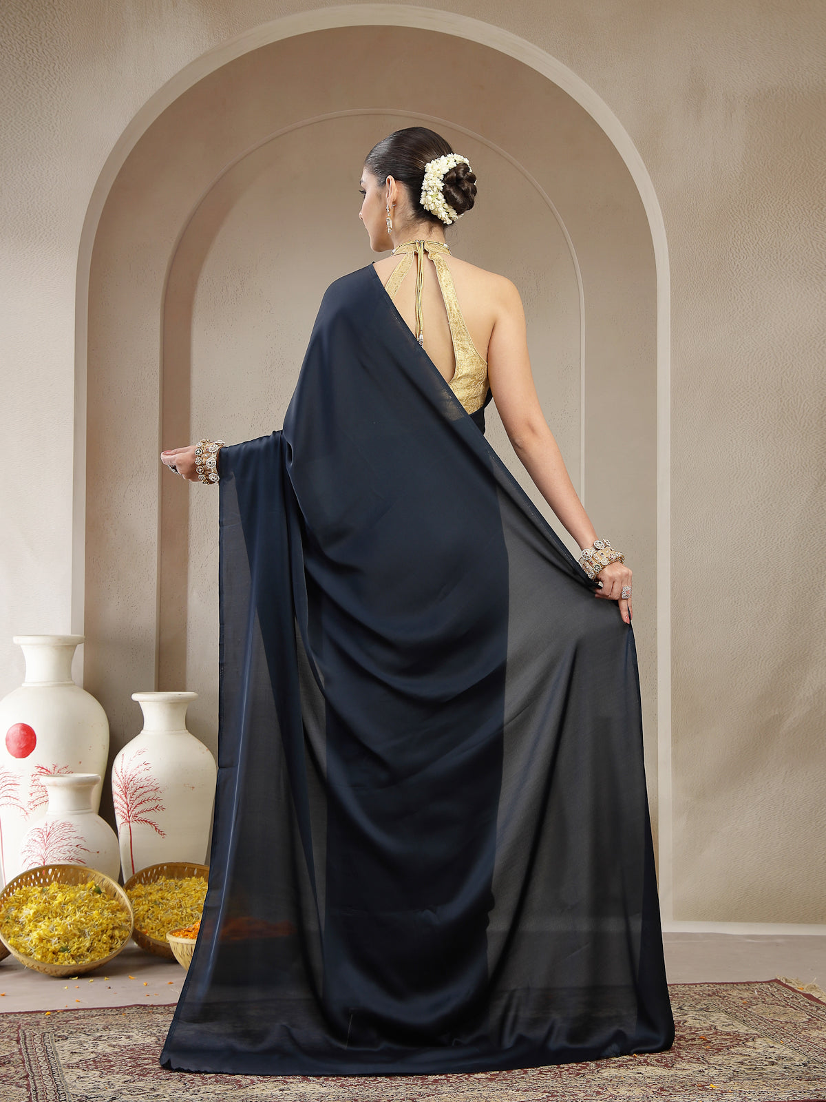 Dark Blue Plain Satin Silk Saree