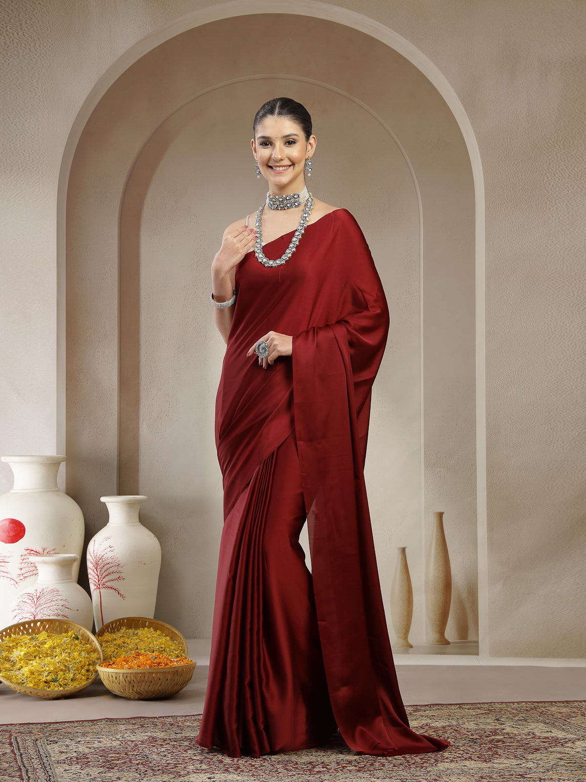 Plain Maroon Satin Silk Sarees