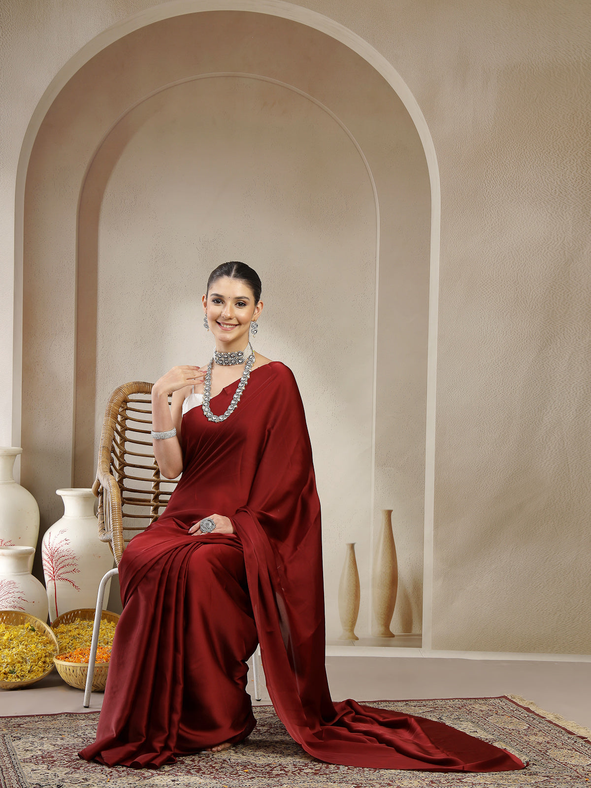 Plain Maroon Satin Silk Sarees