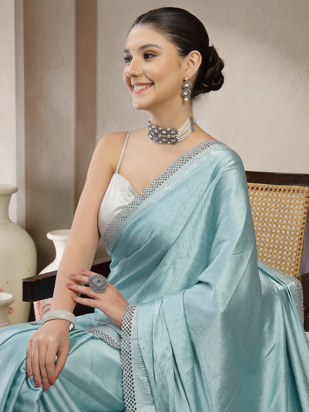 Sky Blue Satin Saree with Silver Border