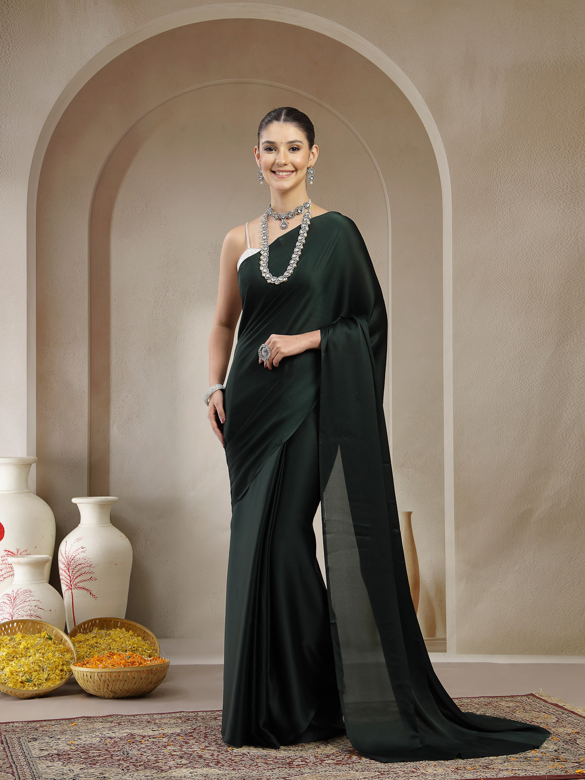 Elegant Forest Green Satin Saree