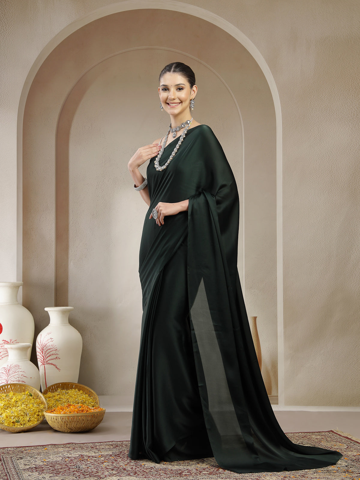 Elegant Forest Green Satin Saree