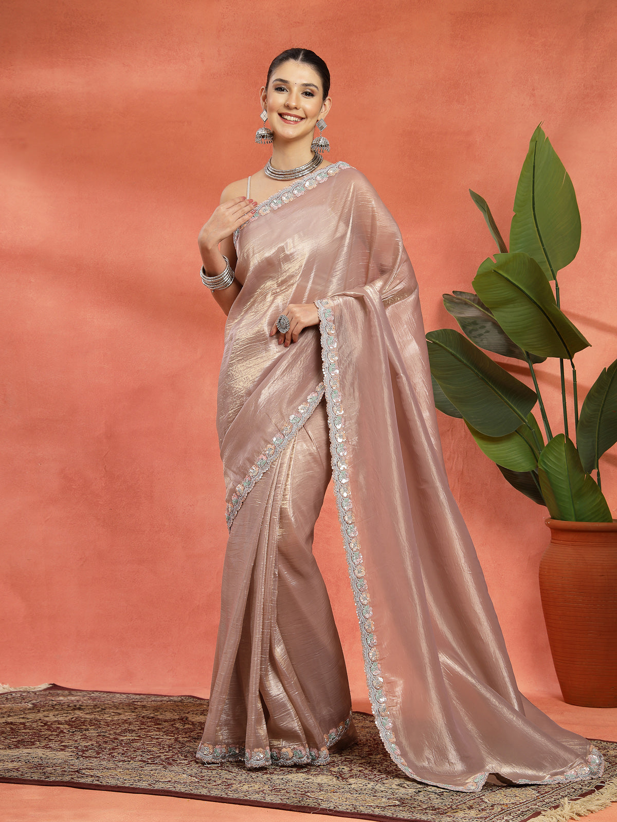 Rose Gold Organza Saree with Silver Sequin Border