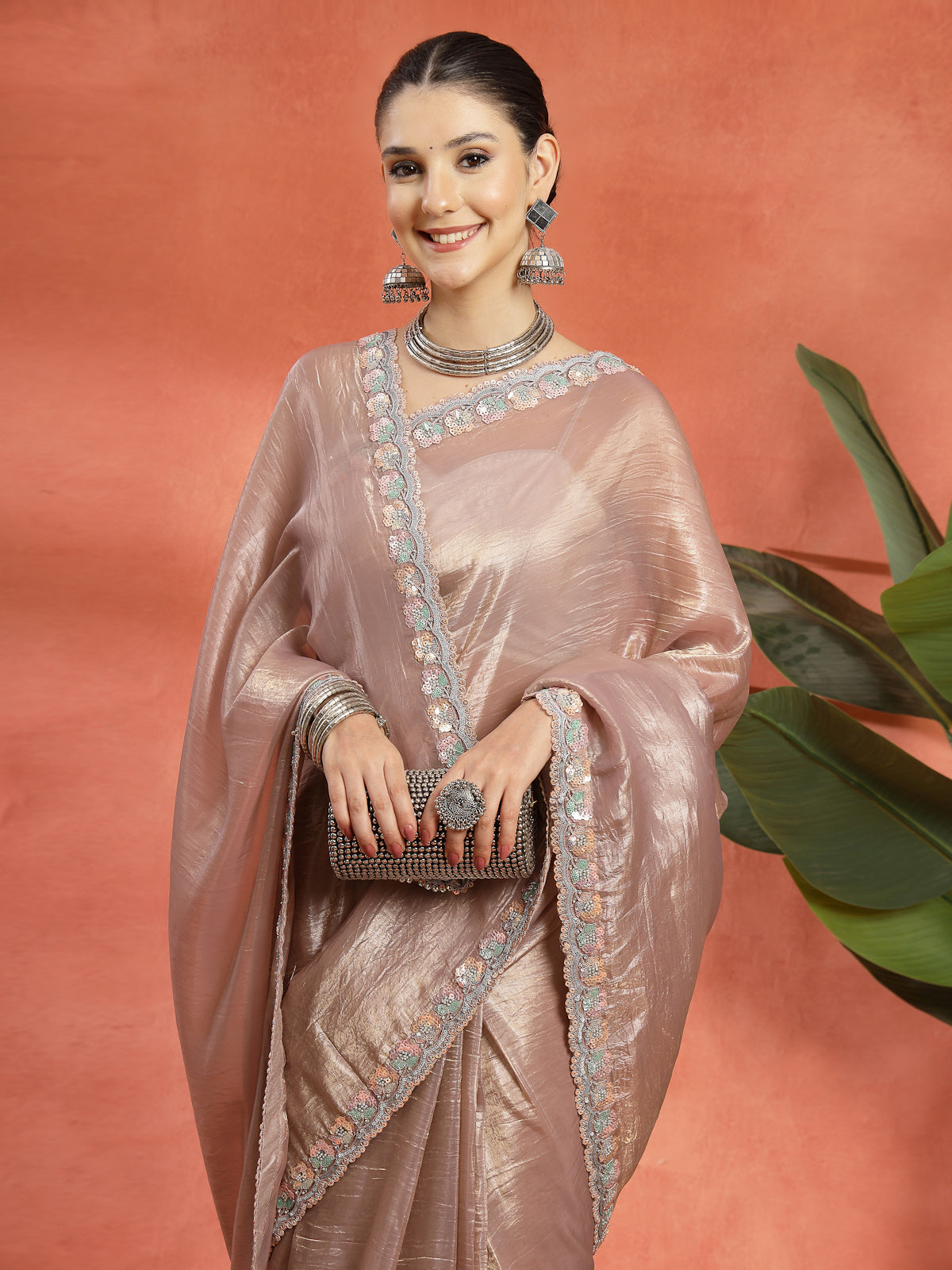 Rose Gold Organza Saree with Silver Sequin Border