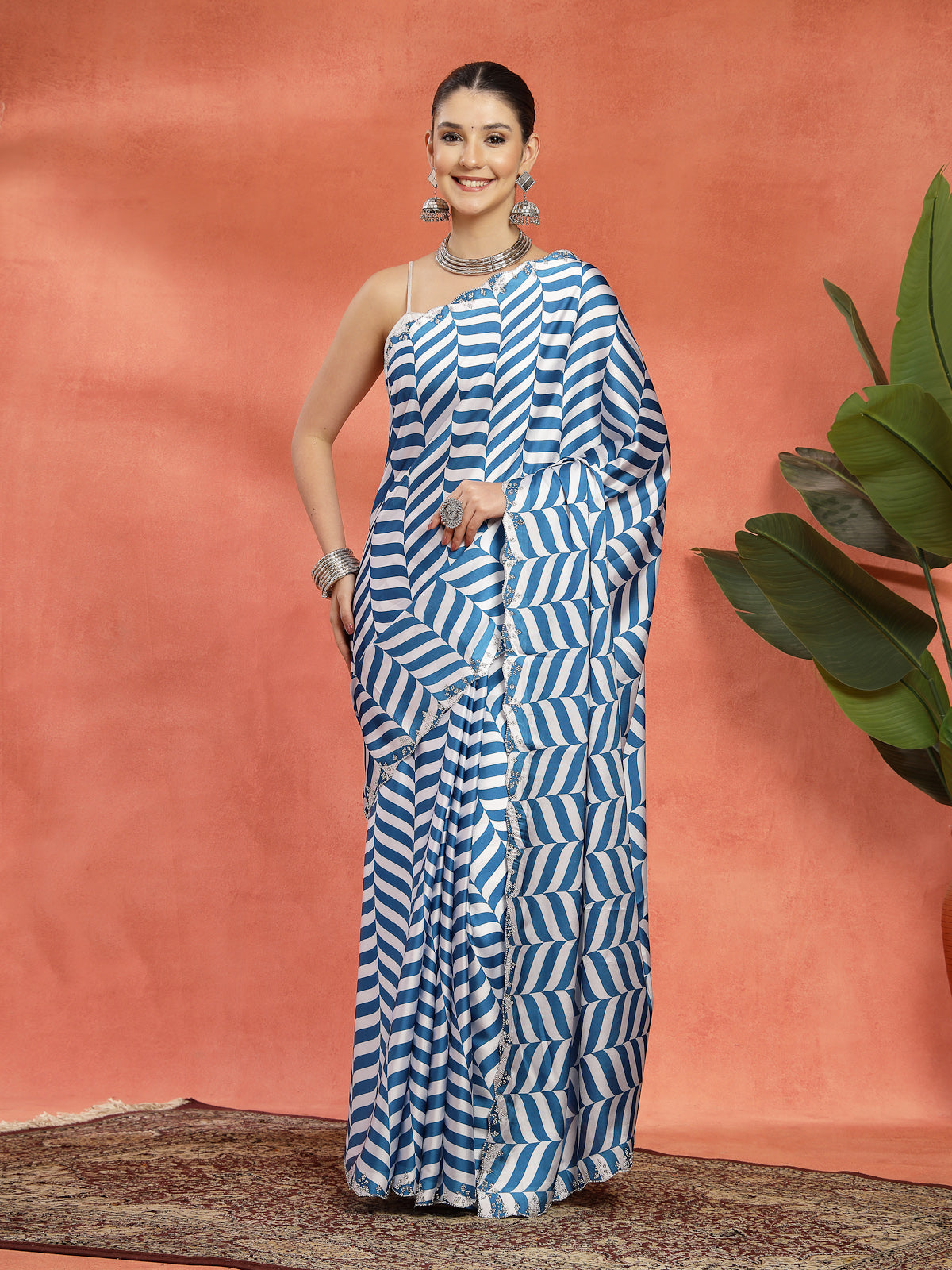 Blue & White Geometric Satin Printed Saree