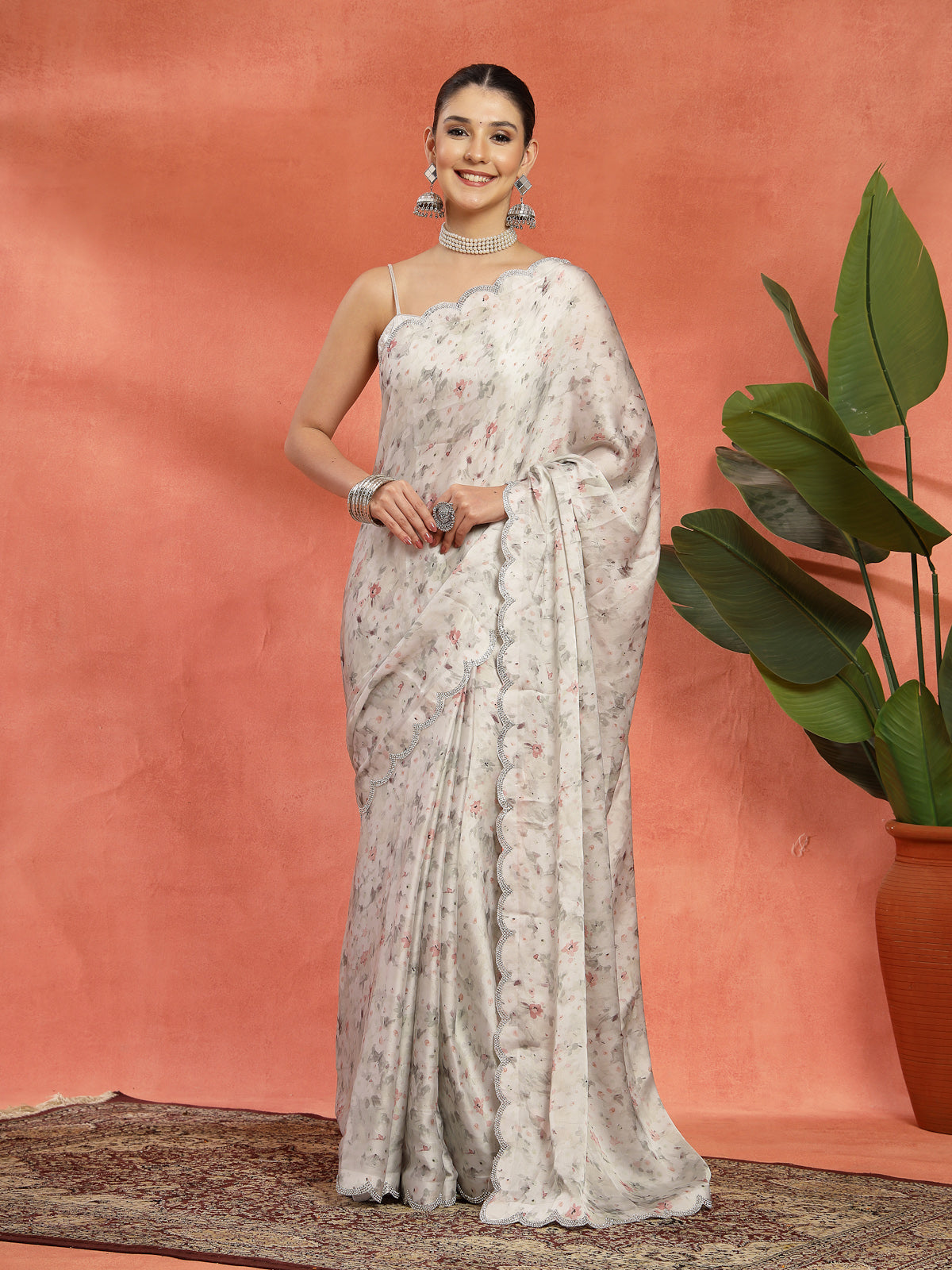 Off White Organza Floral Printed Sarees