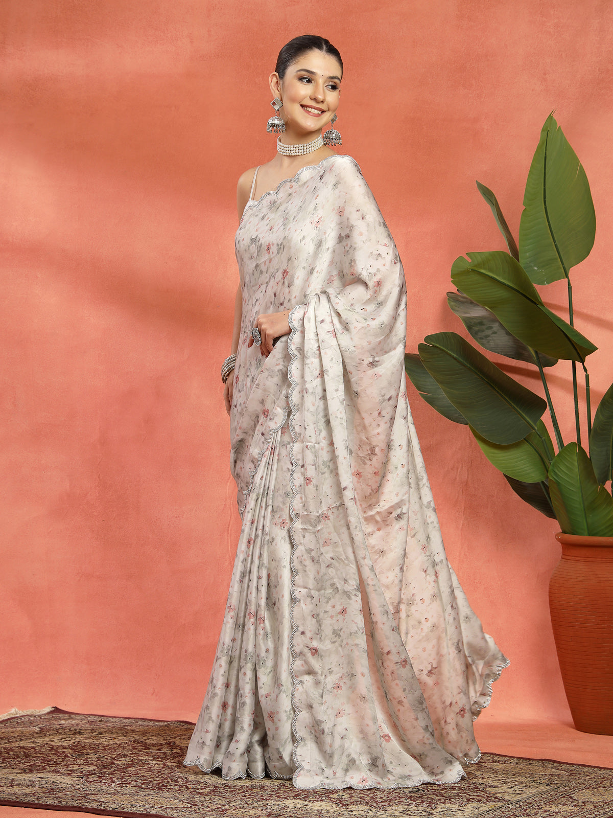 Off White Organza Floral Printed Sarees