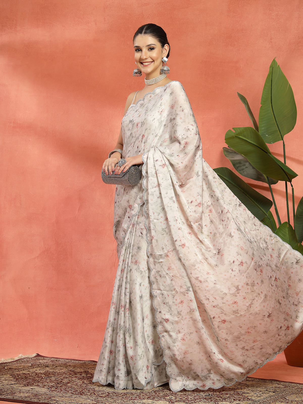 Off White Organza Floral Printed Sarees