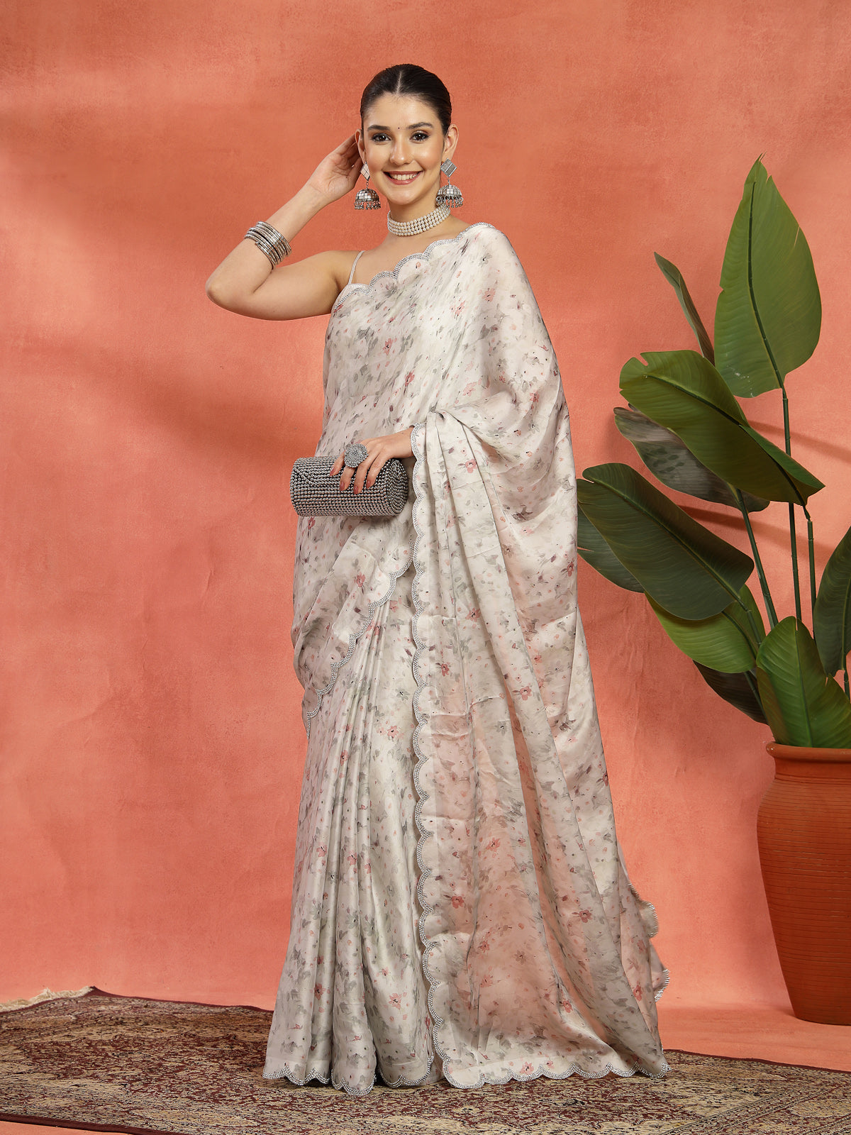 Off White Organza Floral Printed Sarees