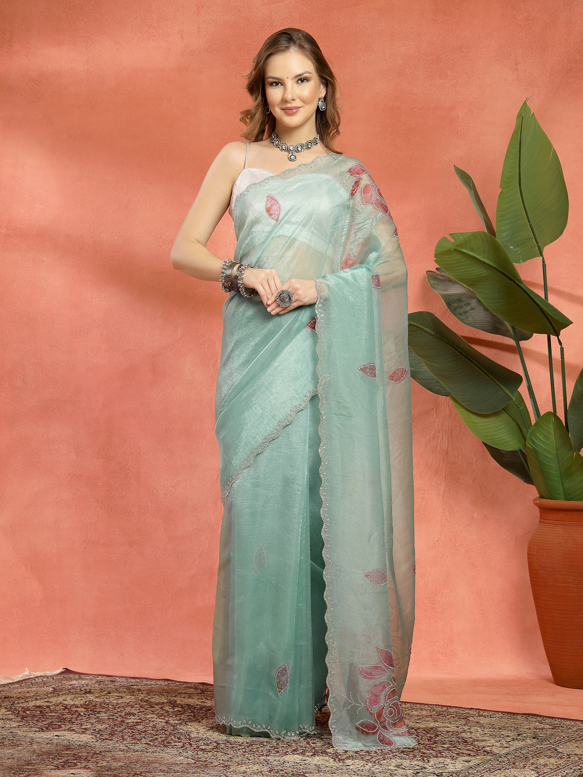Organza Aqua Green Floral Embroidery Scalloped Border Saree