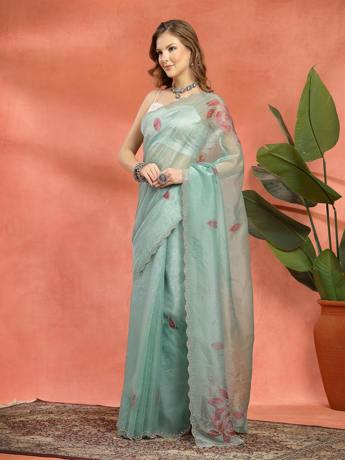 Organza Aqua Green Floral Embroidery Scalloped Border Saree