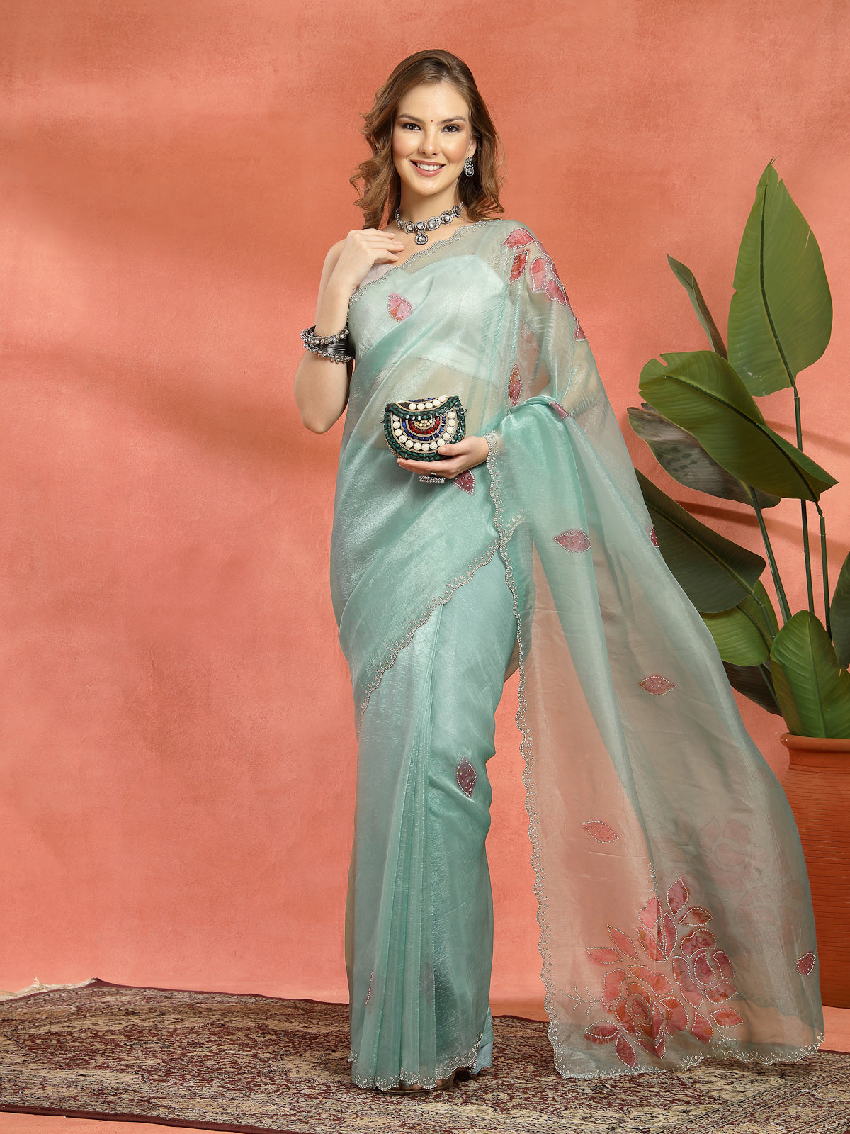 Organza Aqua Green Floral Embroidery Scalloped Border Saree