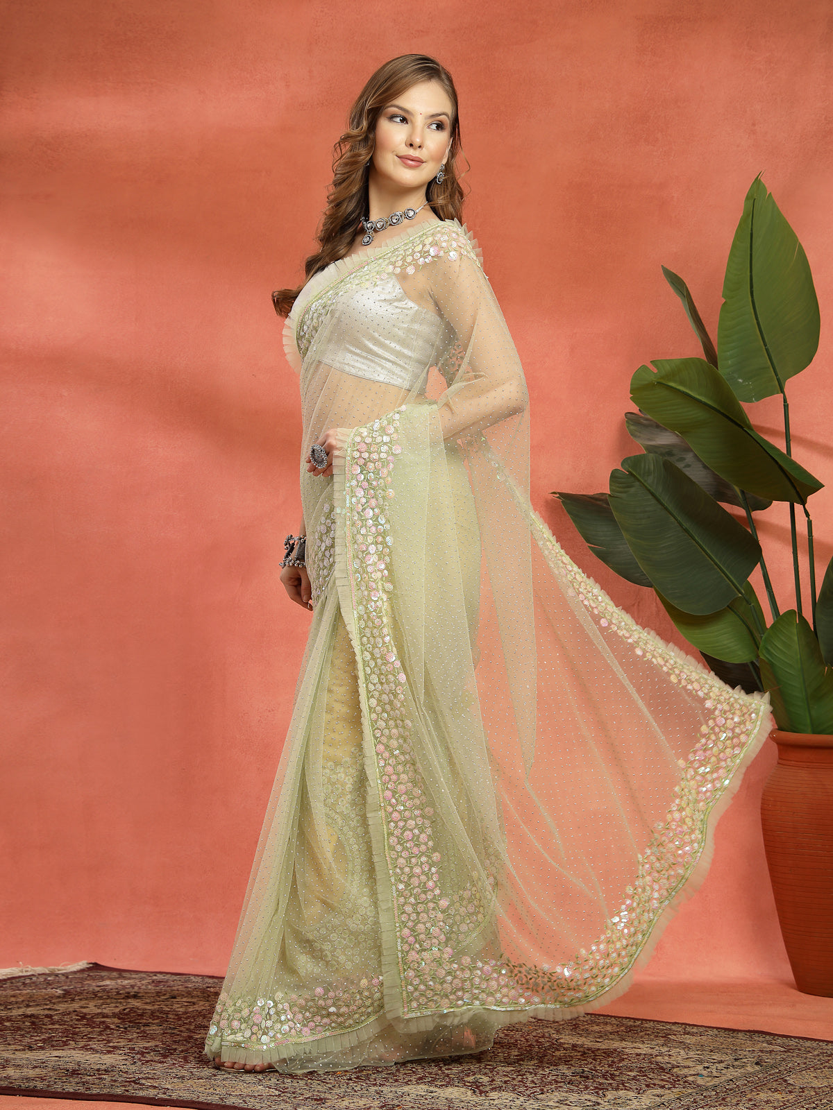 Organza Chikankari Saree with Pink & Green Thread Work