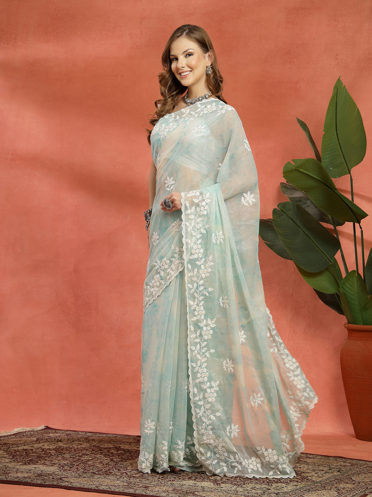 Sage Green & White Organza Floral Embroidered Saree