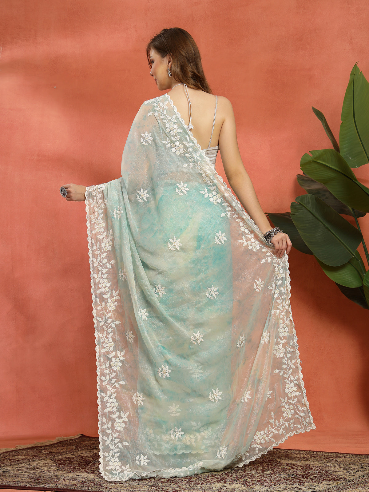 Sage Green & White Organza Floral Embroidered Saree