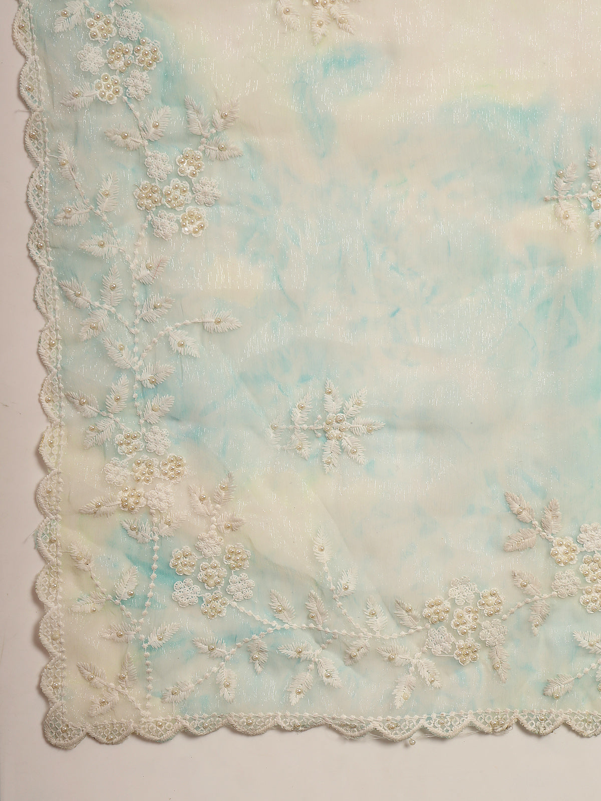 Sage Green & White Organza Floral Embroidered Saree