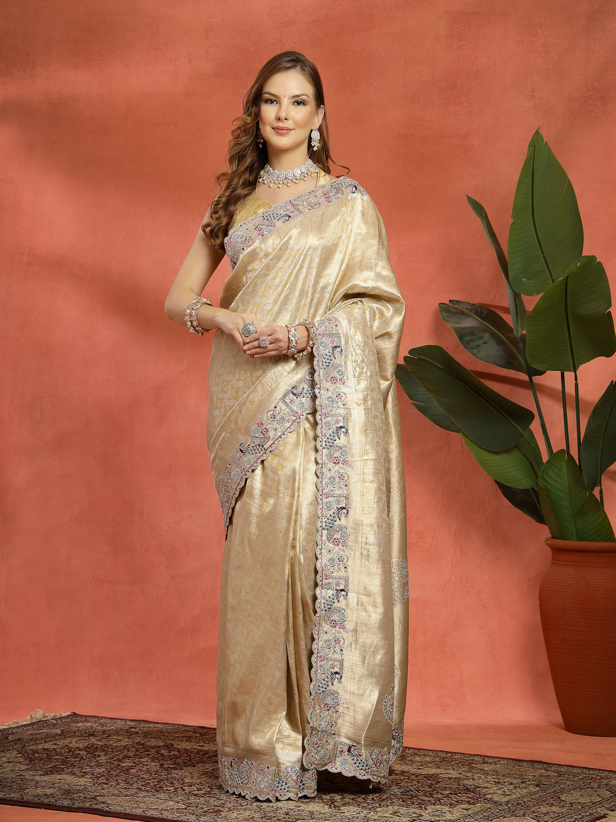 Champagne Glow Satin Organza Saree with Beaded Embroidery & Sequin Highlights main image 1