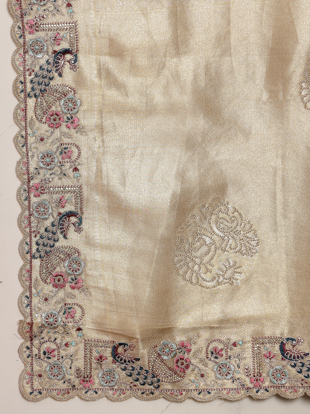 Champagne Gold Organza Saree with Scalloped Zari Border